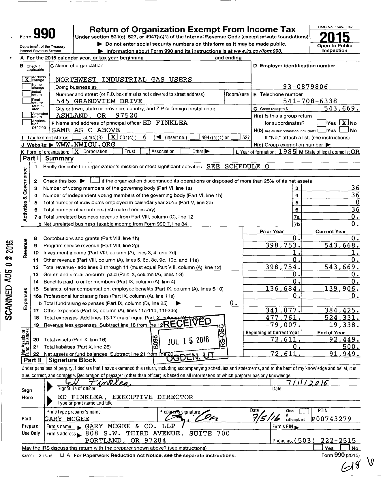 Image of first page of 2015 Form 990O for Northwest Industrial Gas Users