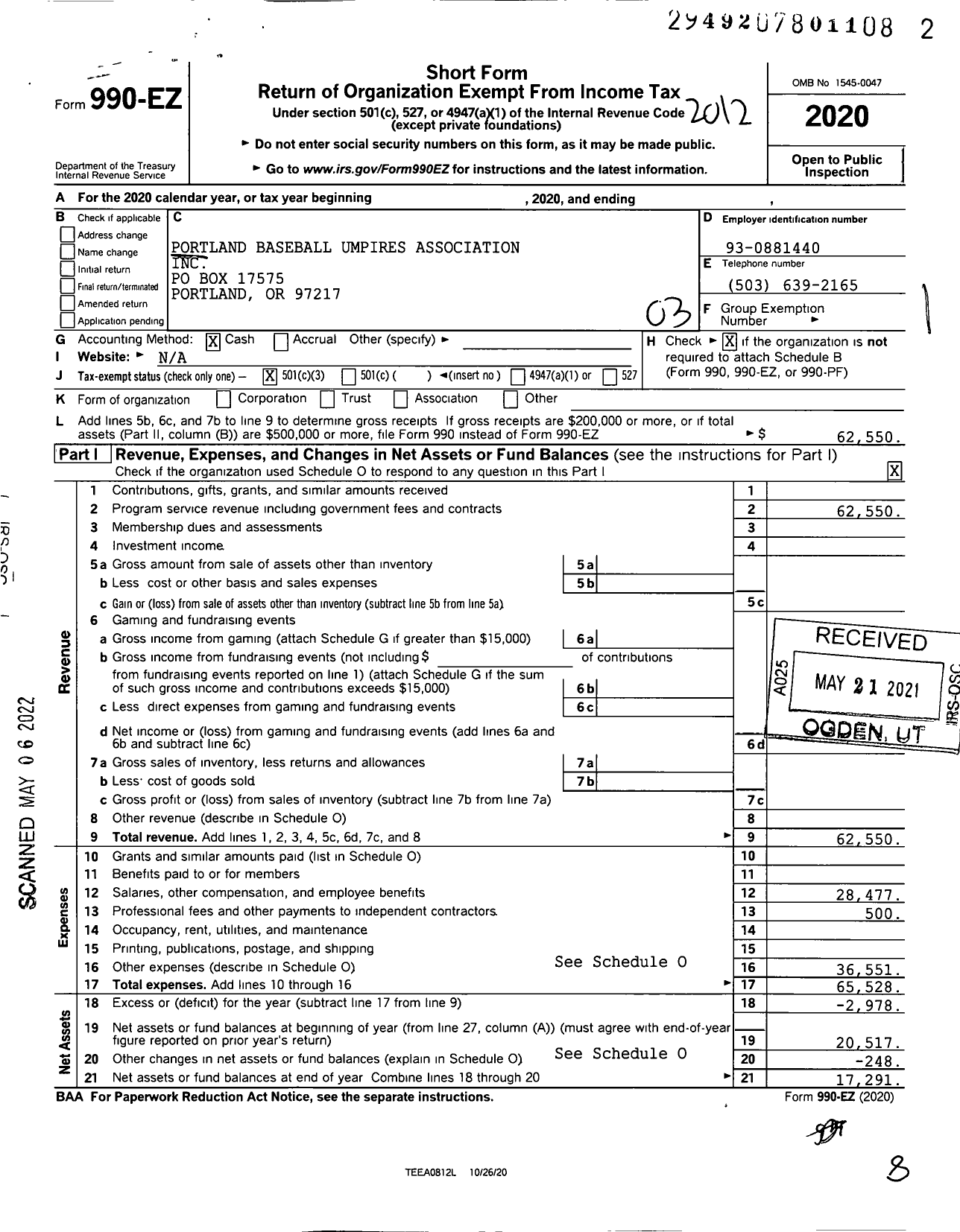 Image of first page of 2020 Form 990EZ for Portland Baseball Umpires Association
