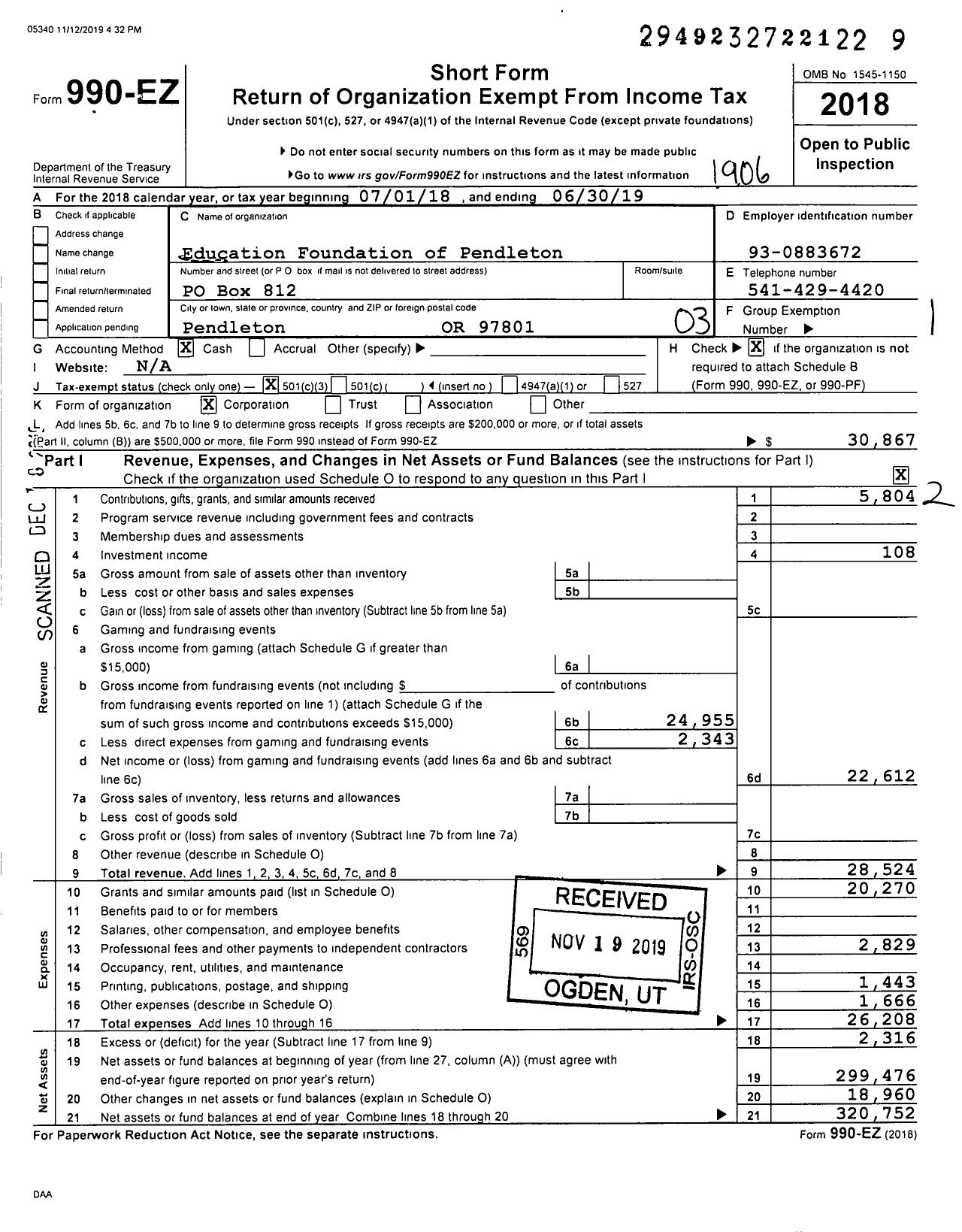 Image of first page of 2018 Form 990EZ for Education Foundation of Pendleton