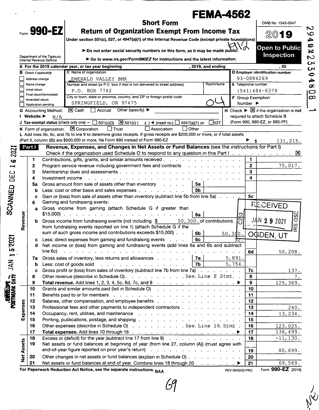 Image of first page of 2019 Form 990EO for Emerald Valley BMX