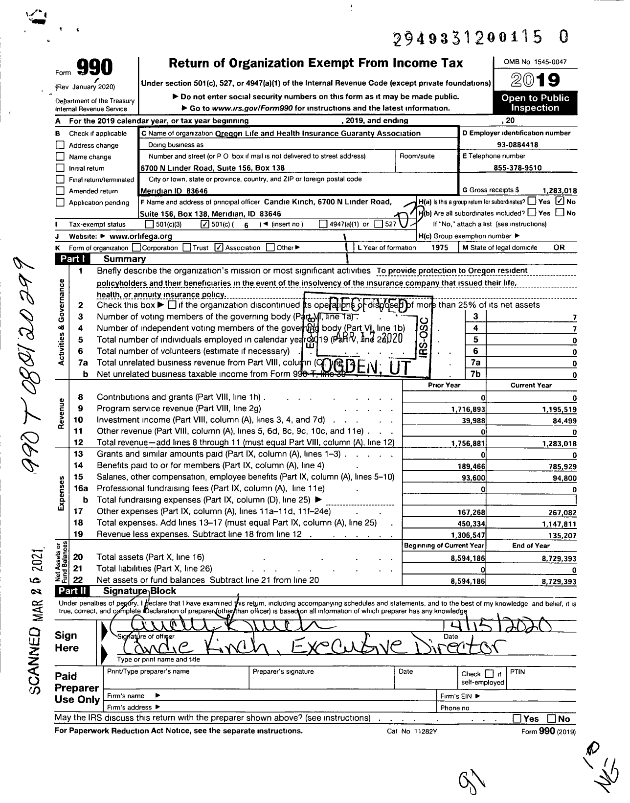 Image of first page of 2019 Form 990 for Oregon Life and Health Insurance Guaranty Association