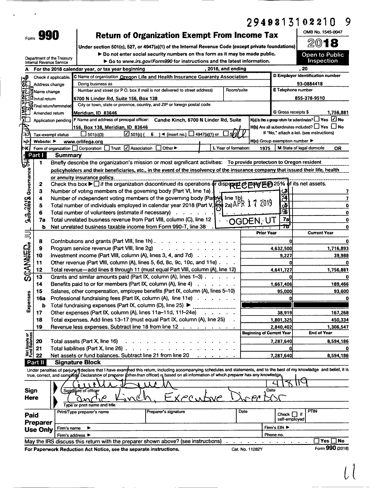 Image of first page of 2018 Form 990O for Oregon Life and Health Insurance Guaranty Association