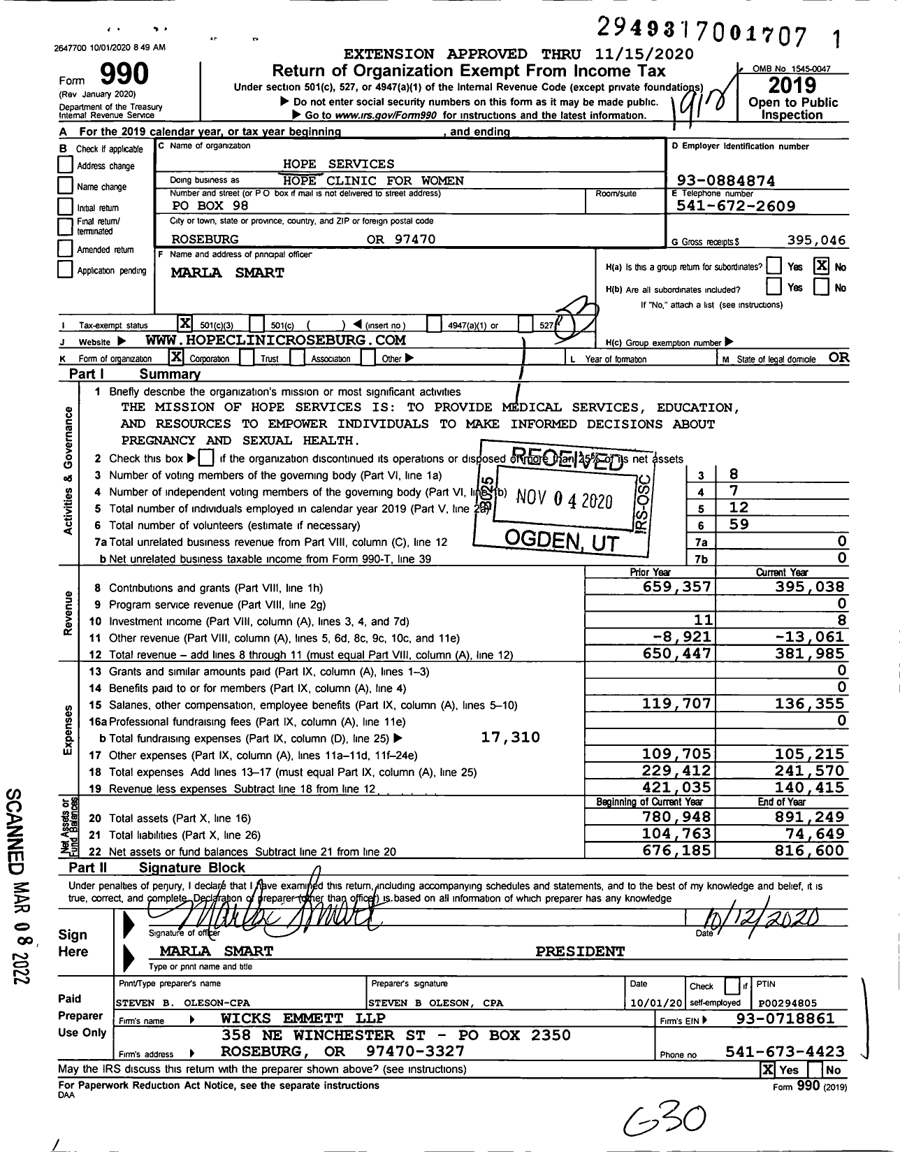 Image of first page of 2019 Form 990 for Hope Clinic for Women / Hope Services
