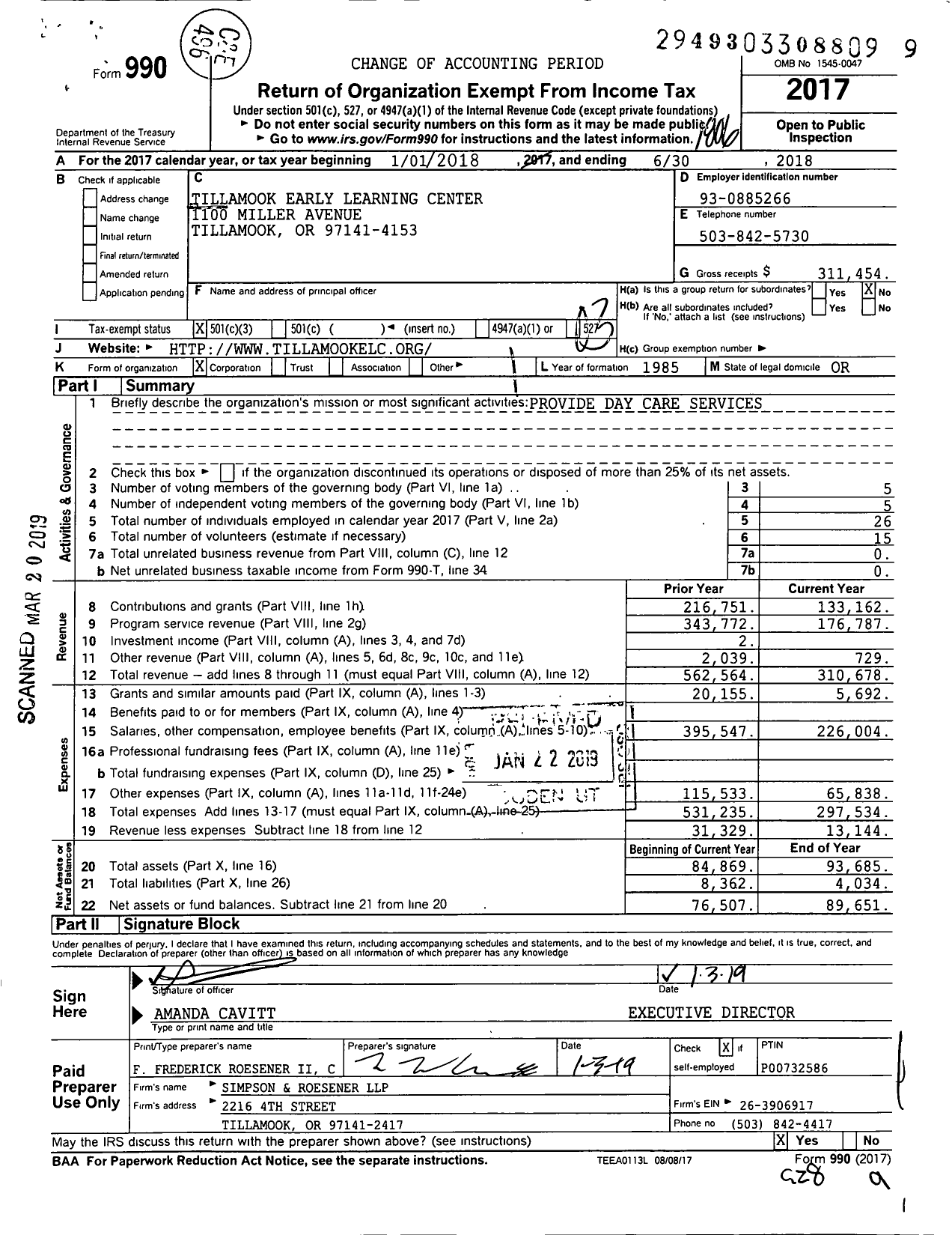 Image of first page of 2017 Form 990 for Tillamook Early Learning Center