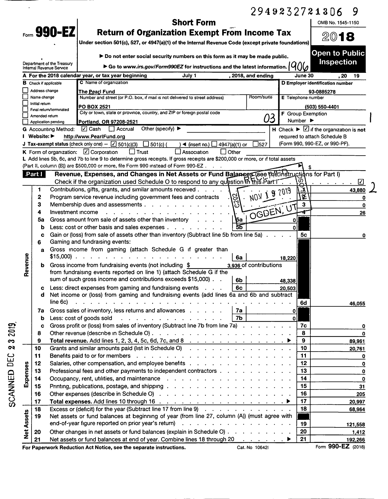 Image of first page of 2018 Form 990EZ for The Pearl Fund