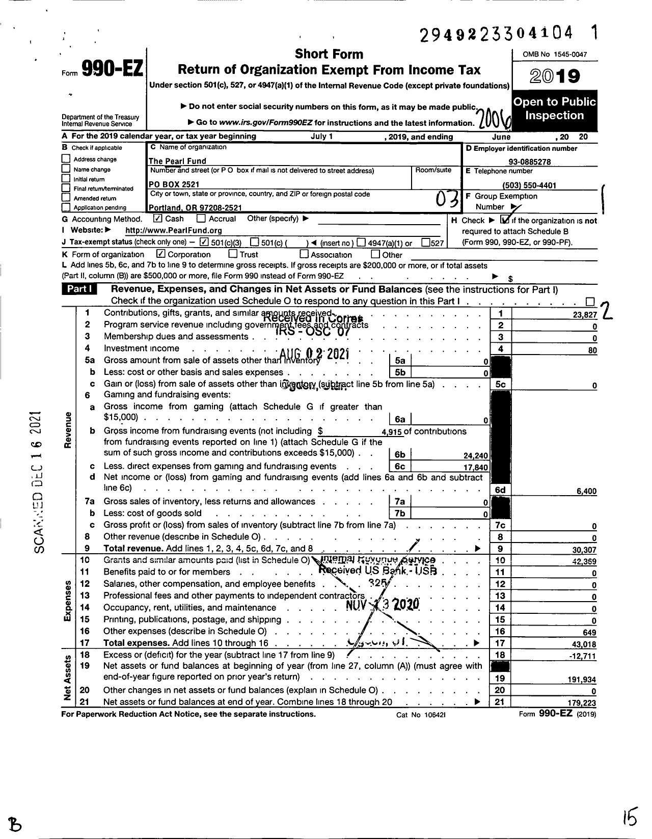 Image of first page of 2019 Form 990EZ for The Pearl Fund