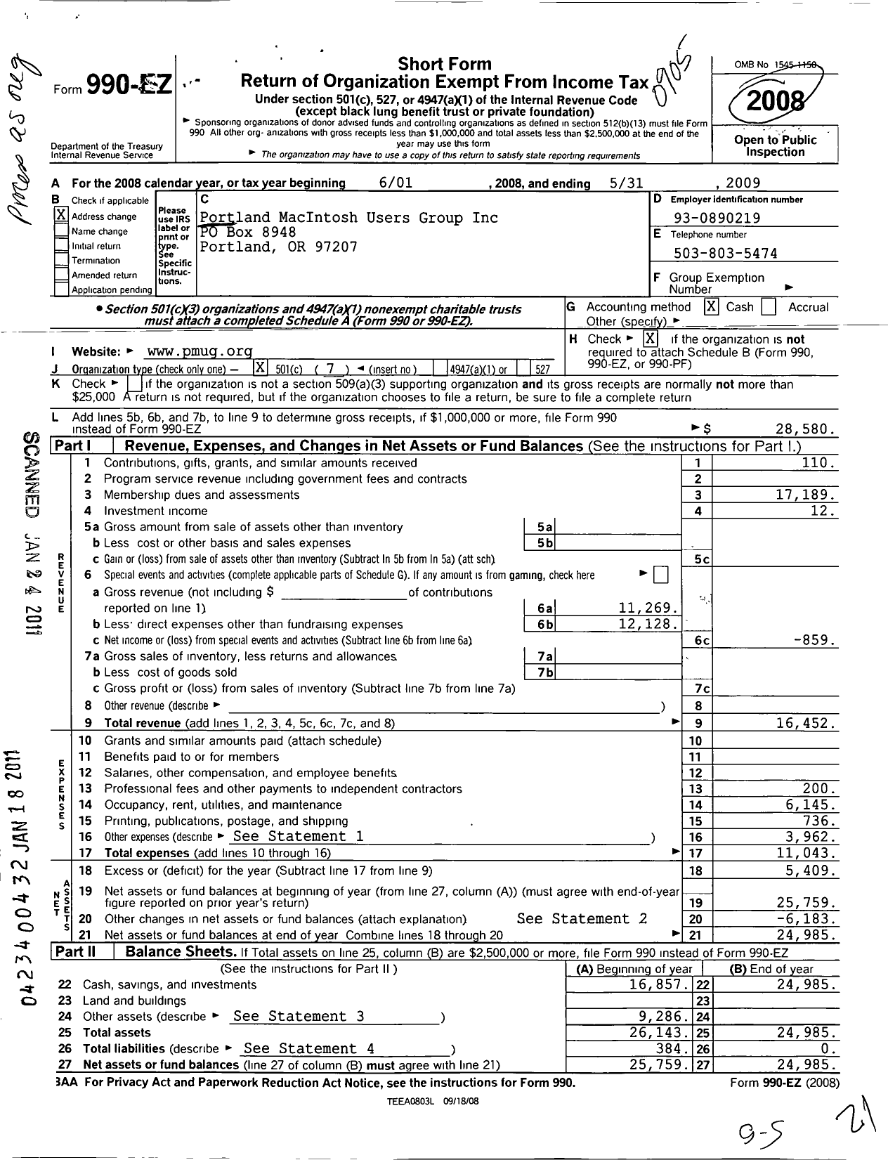 Image of first page of 2008 Form 990EO for Portland Macintosh Users Group