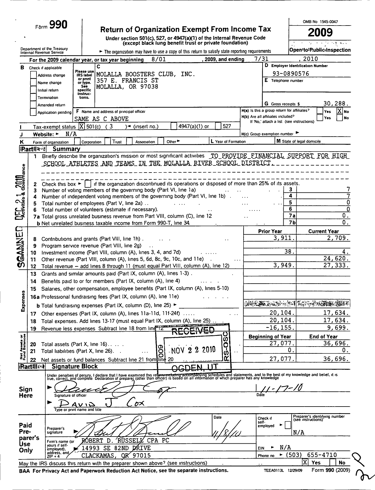 Image of first page of 2009 Form 990 for Molalla Booster Club