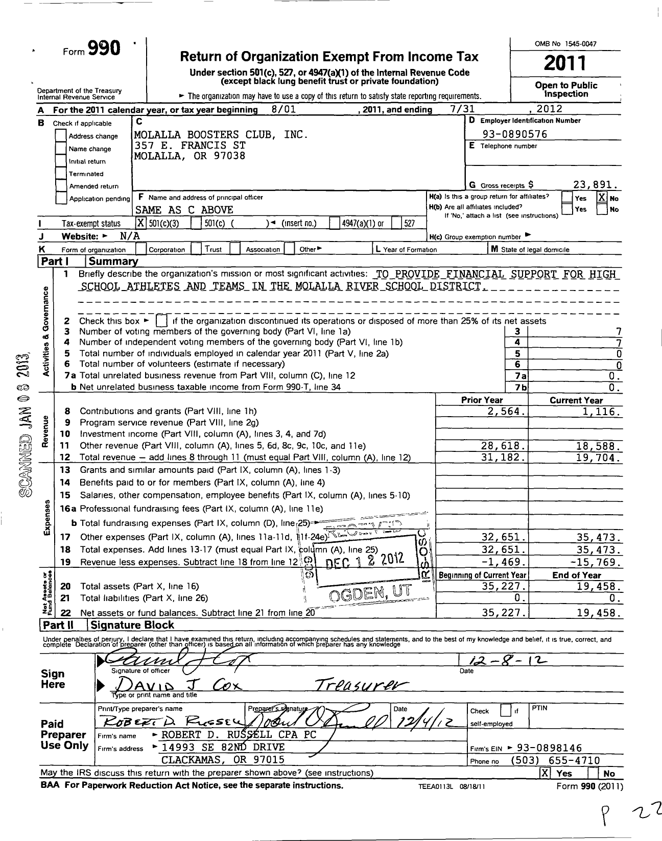 Image of first page of 2011 Form 990 for Molalla Booster Club