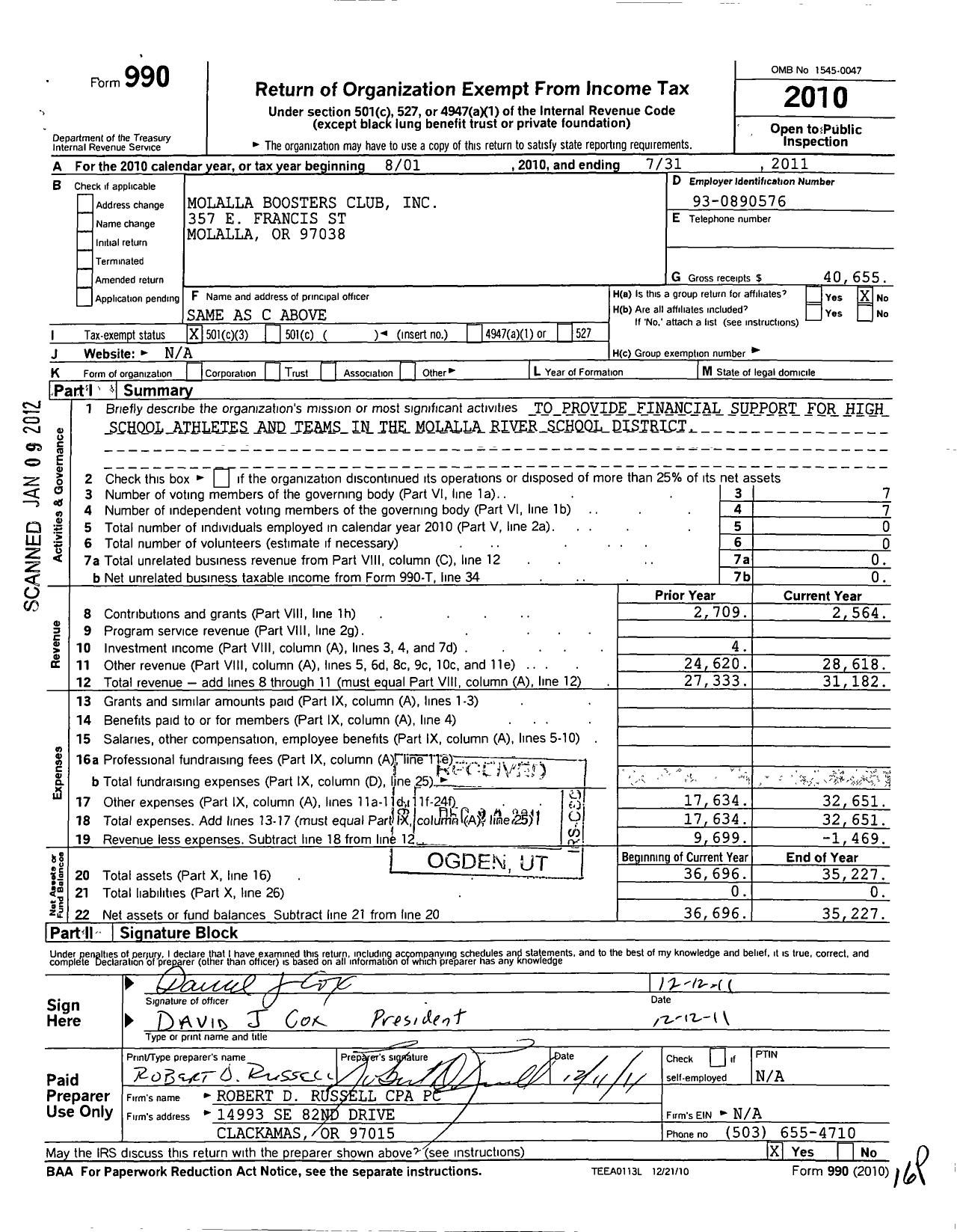 Image of first page of 2010 Form 990 for Molalla Booster Club