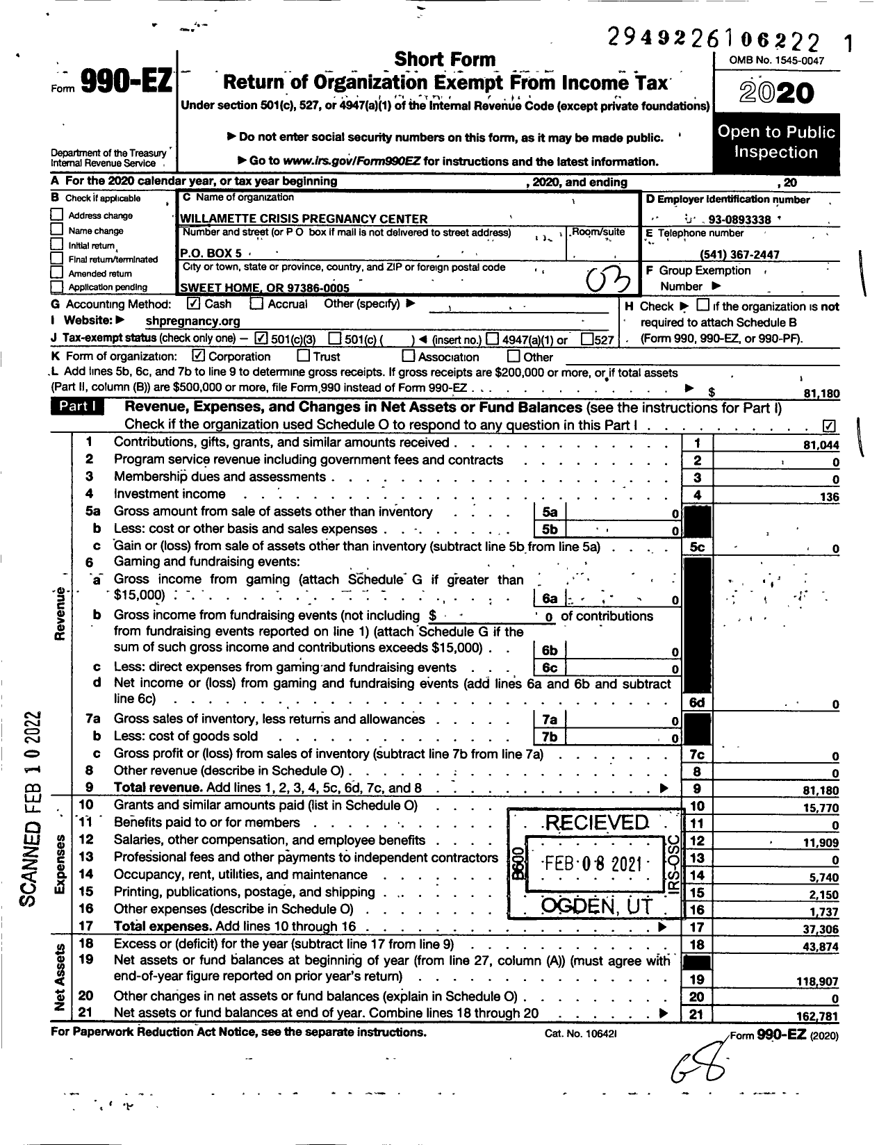 Image of first page of 2020 Form 990EZ for Willamette Crisis Pregnancy Center