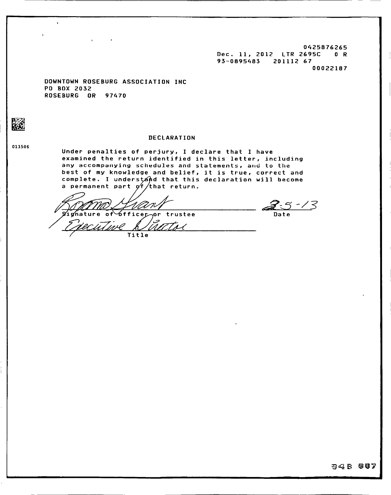 Image of first page of 2011 Form 990ER for Downtown Roseburg Association
