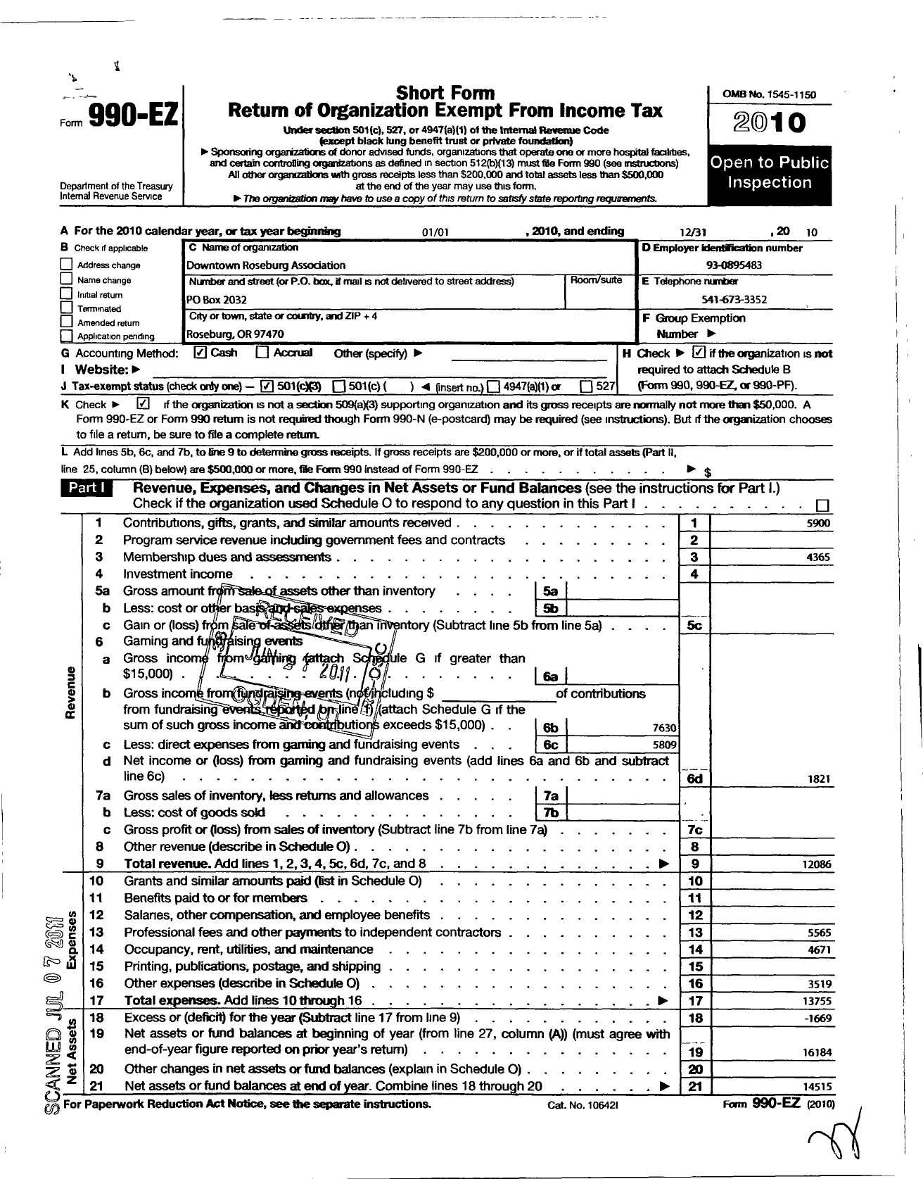 Image of first page of 2010 Form 990EZ for Downtown Roseburg Association