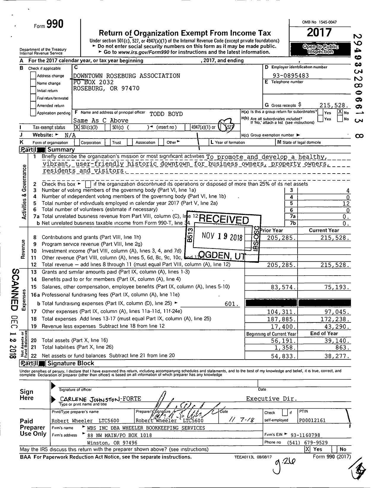 Image of first page of 2017 Form 990 for Downtown Roseburg Association