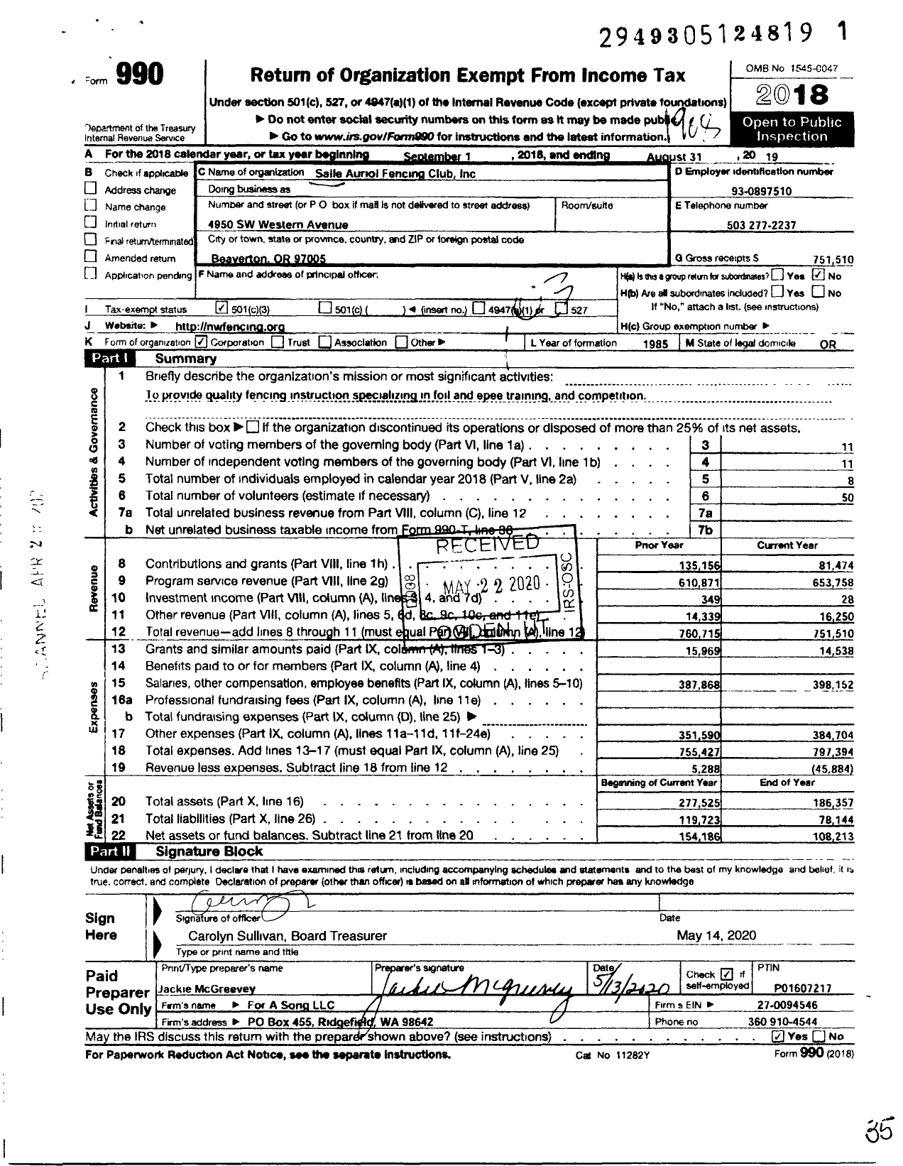 Image of first page of 2018 Form 990 for NW Fencing Center