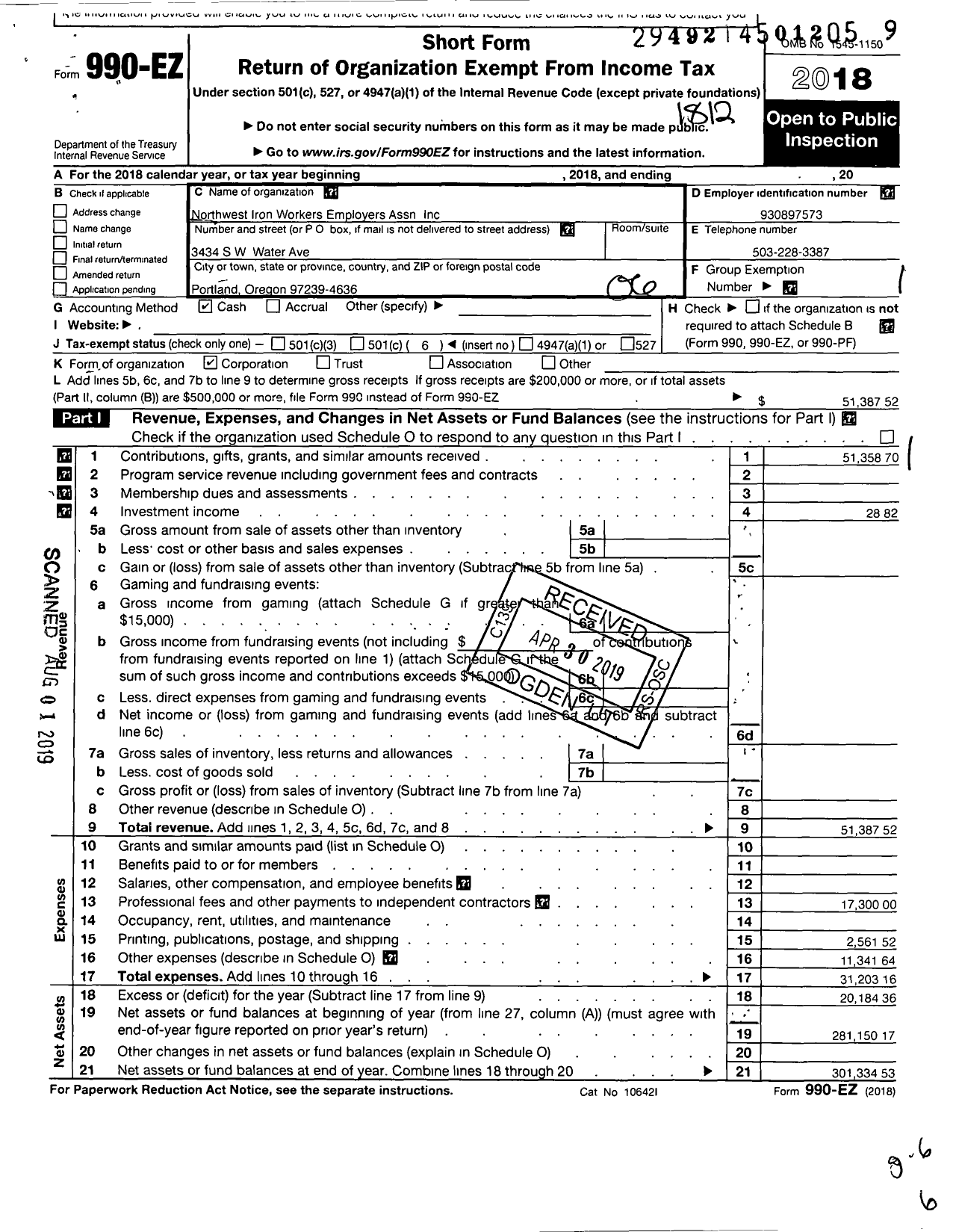 Image of first page of 2018 Form 990EO for Northwest Iron Workers Employers Association