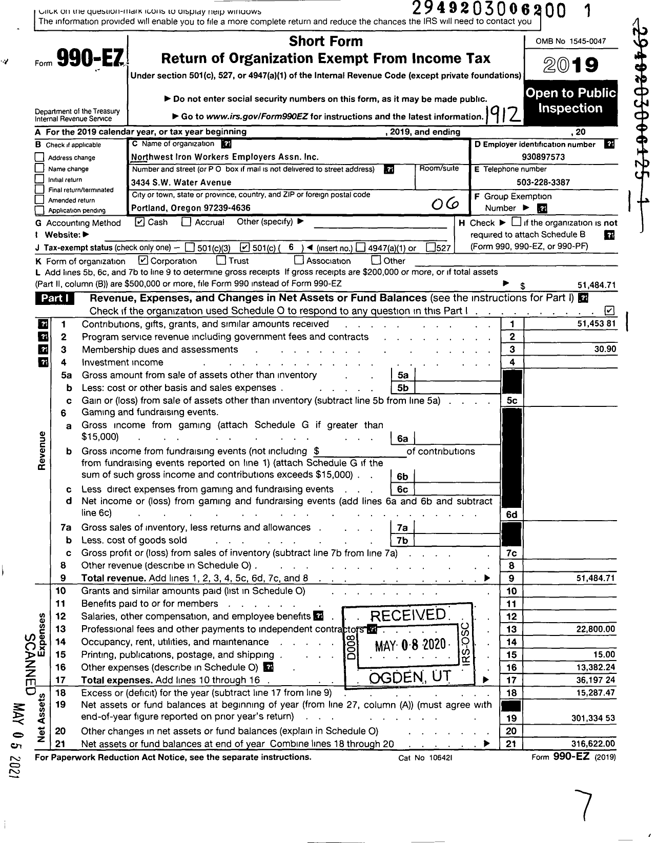 Image of first page of 2019 Form 990EO for Northwest Iron Workers Employers Association