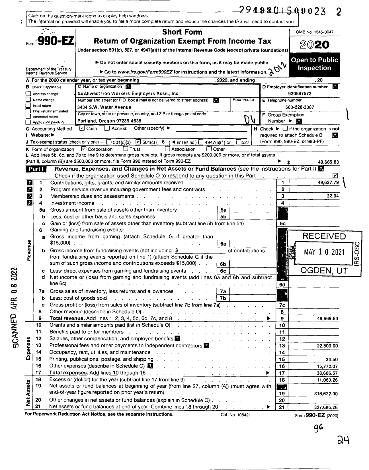 Image of first page of 2020 Form 990EO for Northwest Iron Workers Employers Association