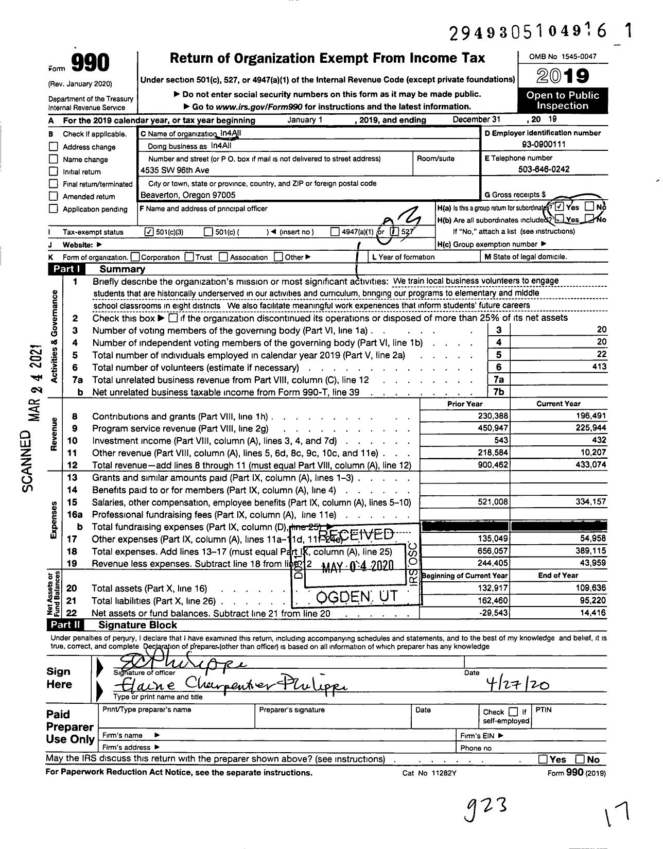 Image of first page of 2019 Form 990 for In4All