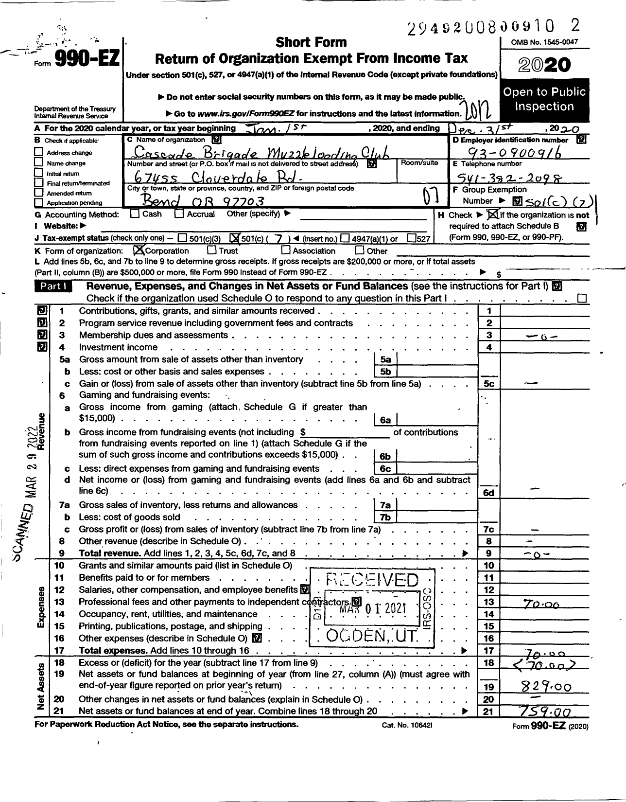 Image of first page of 2020 Form 990EO for Cascade Brigade Muzzleloading Club