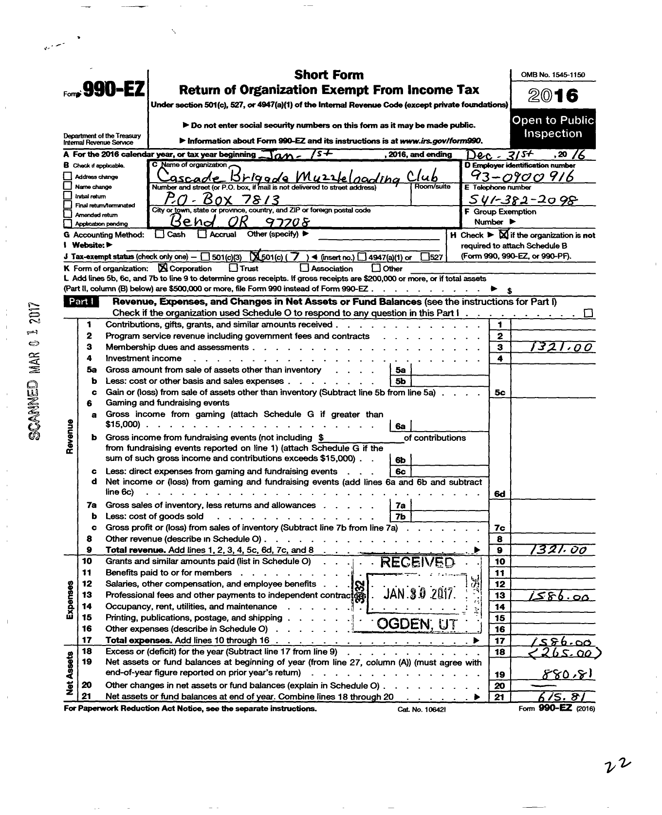 Image of first page of 2016 Form 990EO for Cascade Brigade Muzzleloading Club