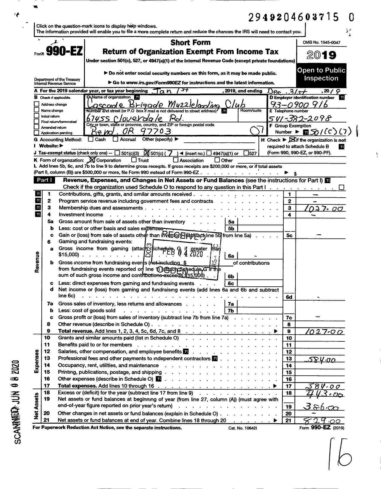 Image of first page of 2019 Form 990EO for Cascade Brigade Muzzleloading Club