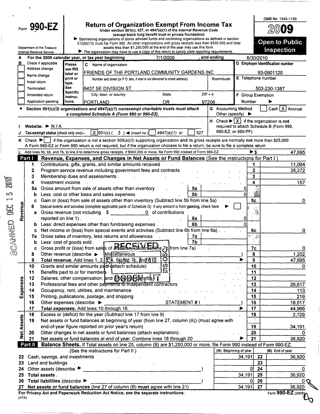 Image of first page of 2009 Form 990EZ for Friends of the Portland Community Gardens