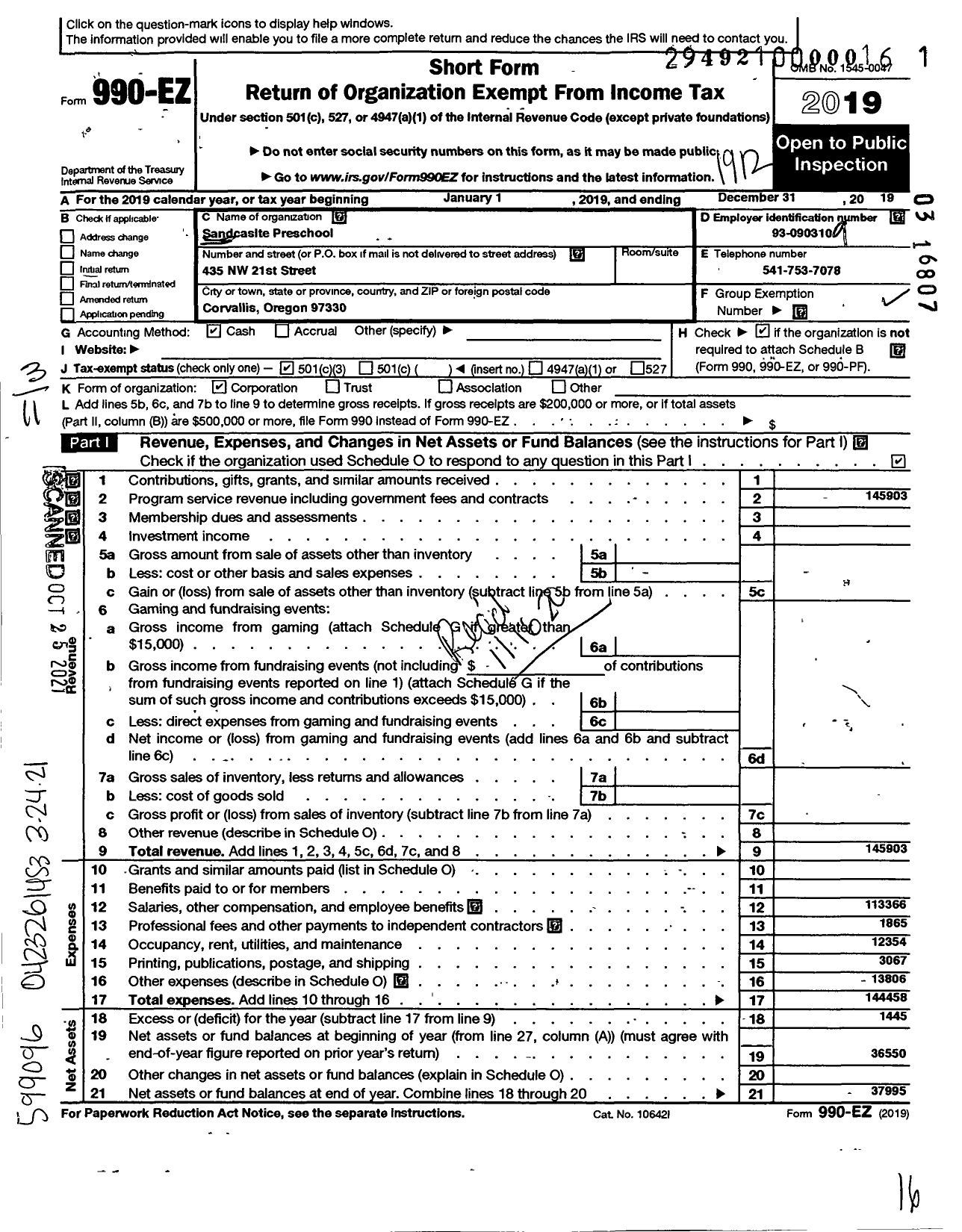 Image of first page of 2019 Form 990EZ for Sandcastle Preschool