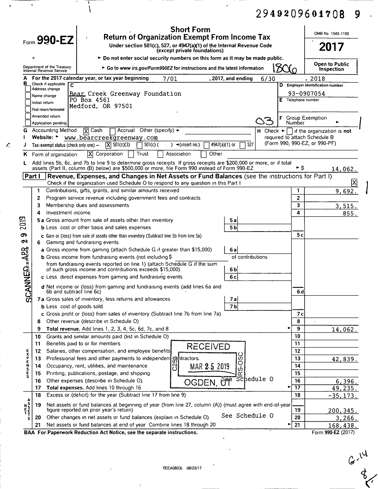 Image of first page of 2017 Form 990EZ for Bear Creek Greenway Foundation