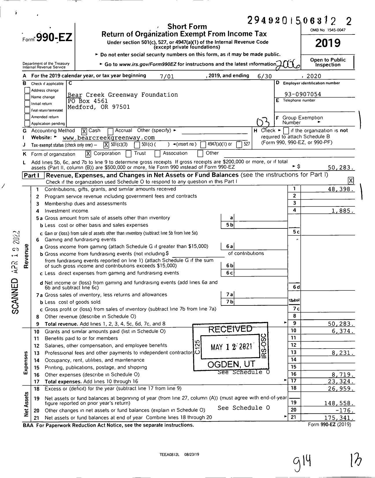 Image of first page of 2019 Form 990EZ for Bear Creek Greenway Foundation