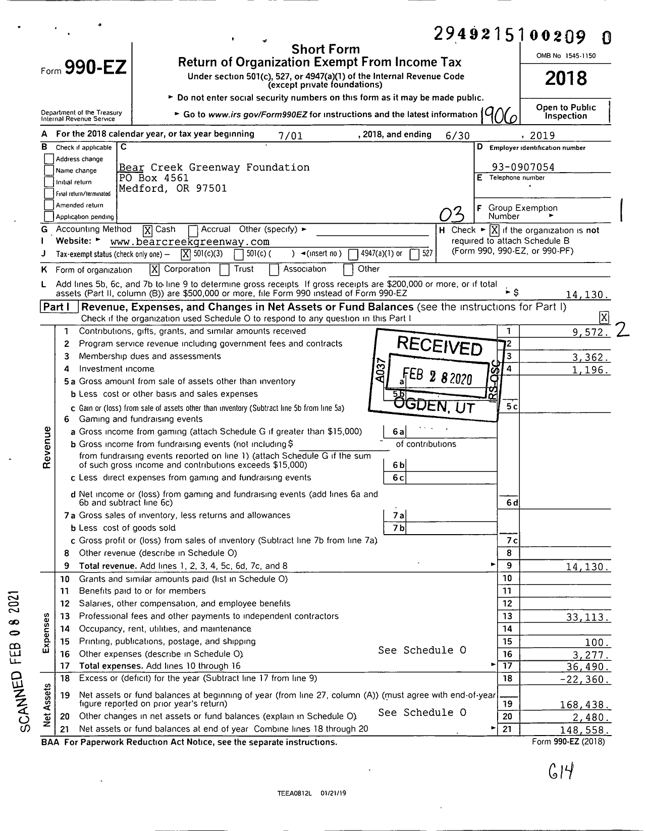 Image of first page of 2018 Form 990EZ for Bear Creek Greenway Foundation