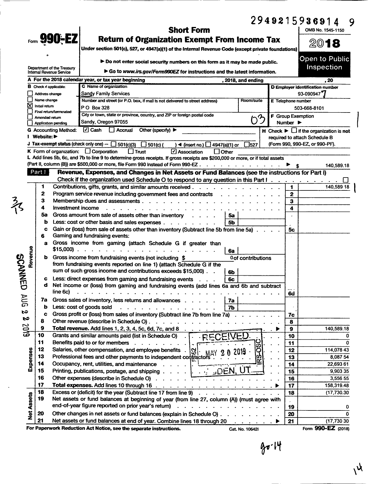 Image of first page of 2018 Form 990EZ for Sandy Family Services