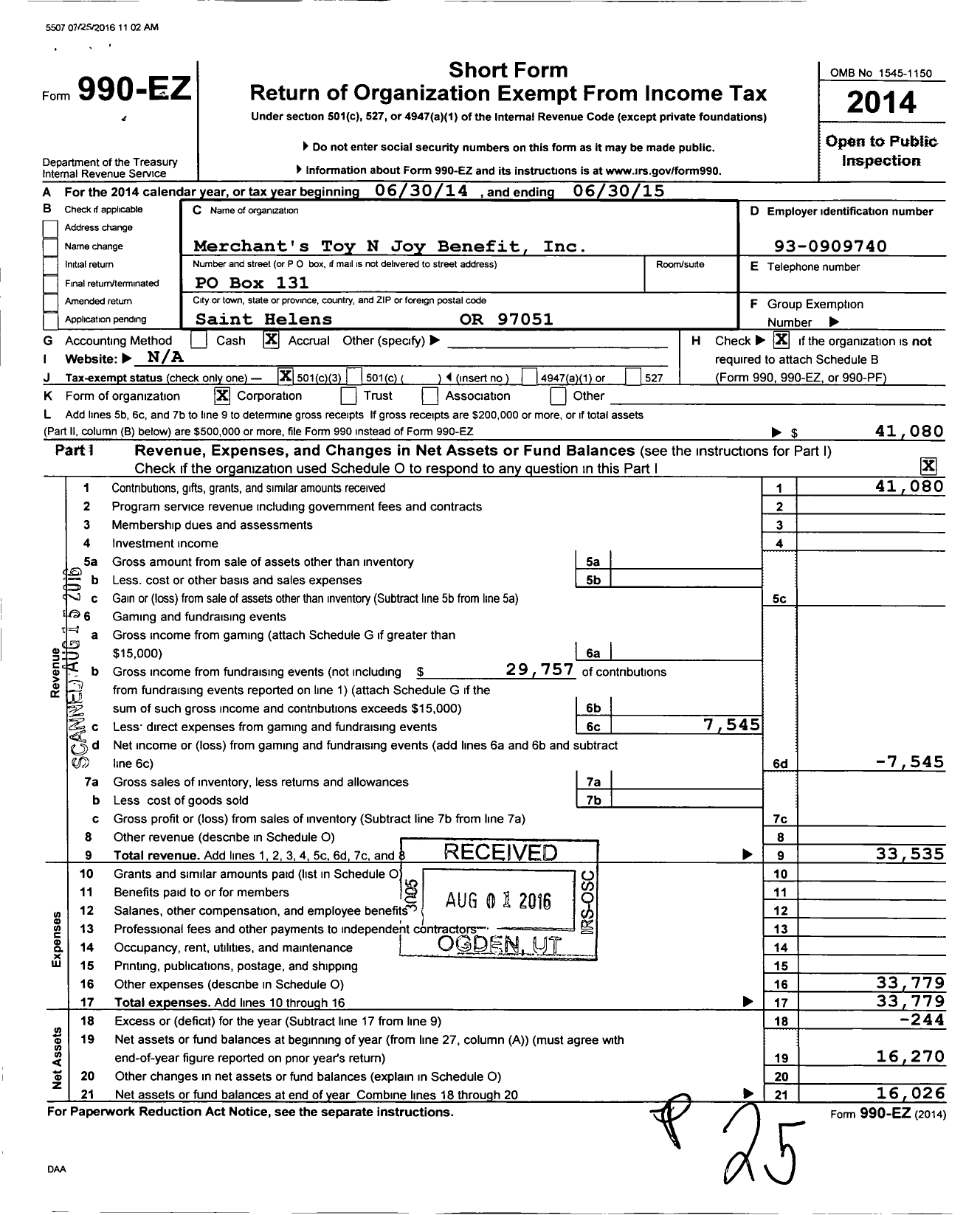 Image of first page of 2014 Form 990EZ for Merchant's Toy-N-Joy Benefit