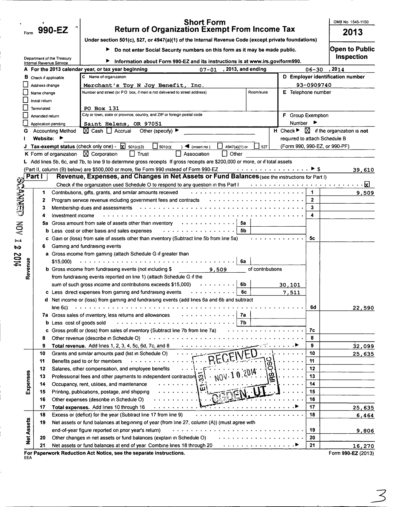 Image of first page of 2013 Form 990EZ for Merchant's Toy-N-Joy Benefit