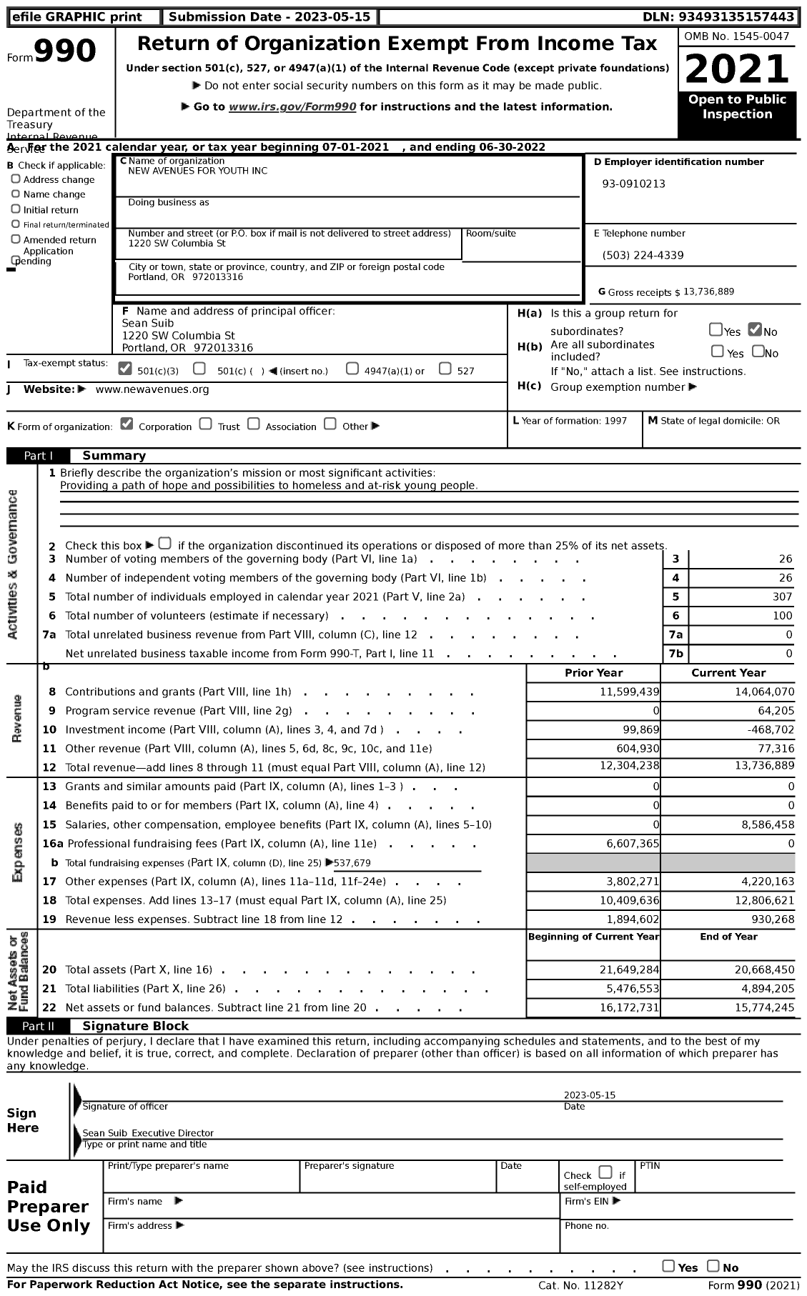 Image of first page of 2021 Form 990 for New Avenues for Youth