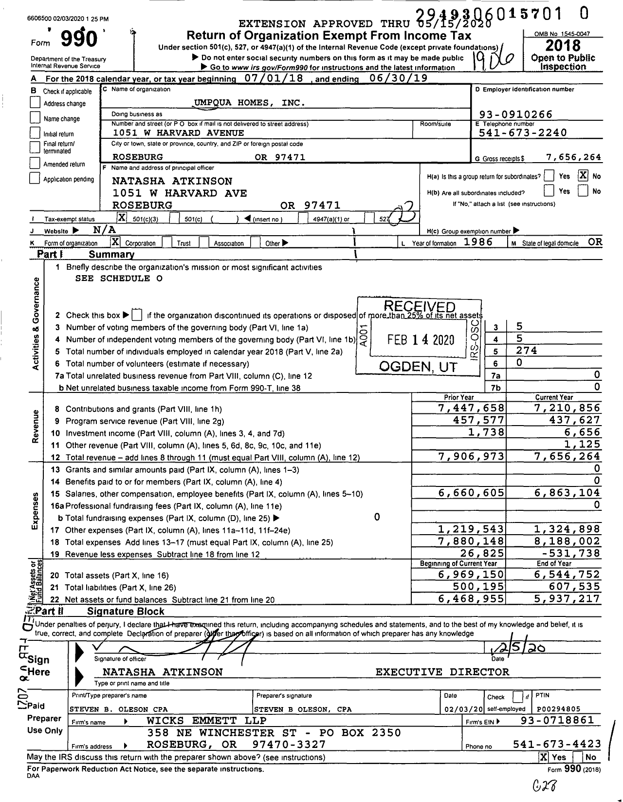 Image of first page of 2018 Form 990 for Umpqua Homes for the Handicapped