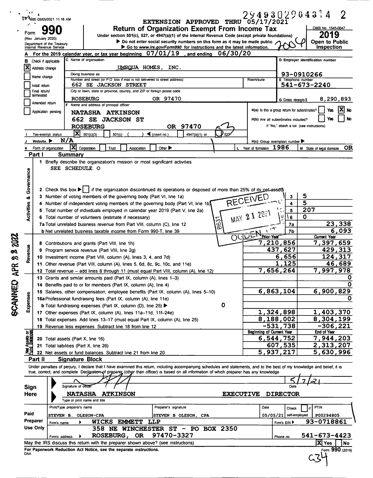 Image of first page of 2019 Form 990 for Umpqua Homes for the Handicapped