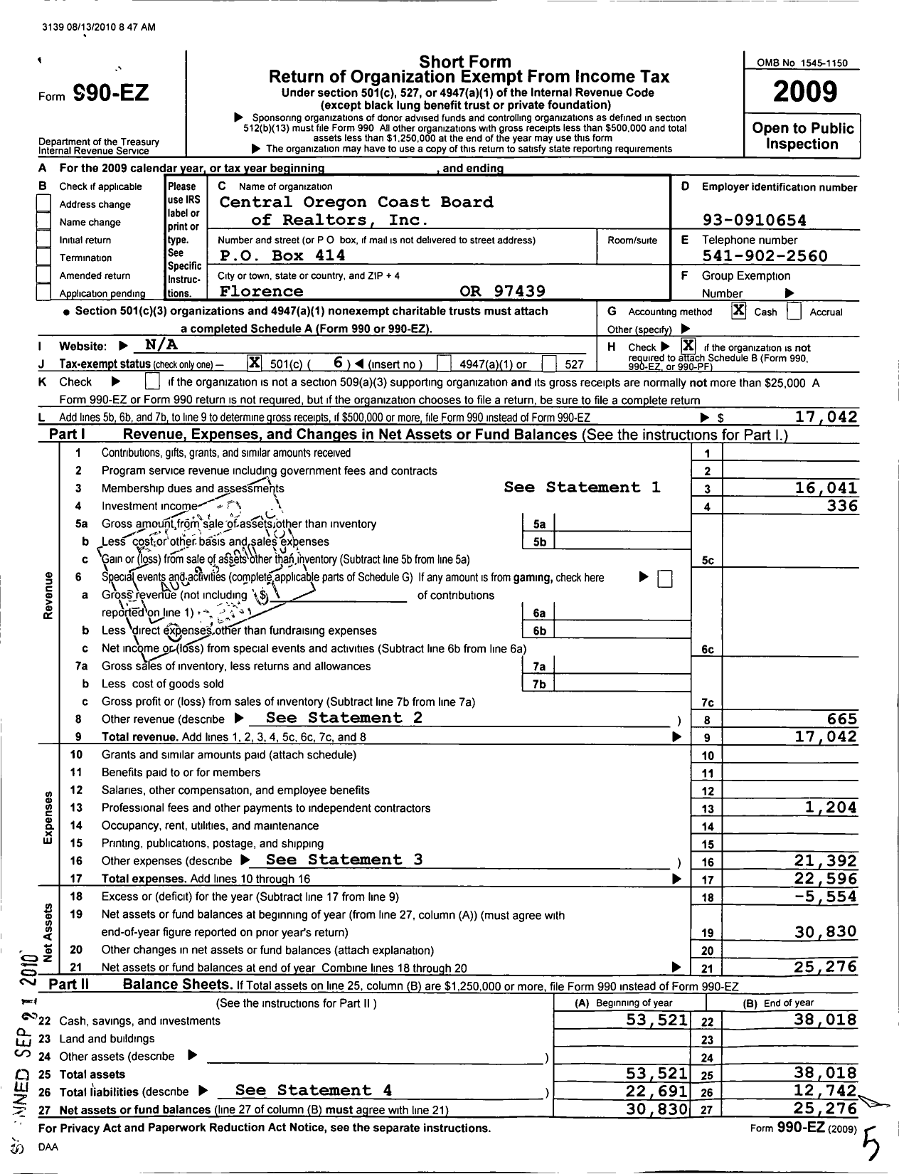 Image of first page of 2009 Form 990EO for Central Oregon Coast Board of Realtors