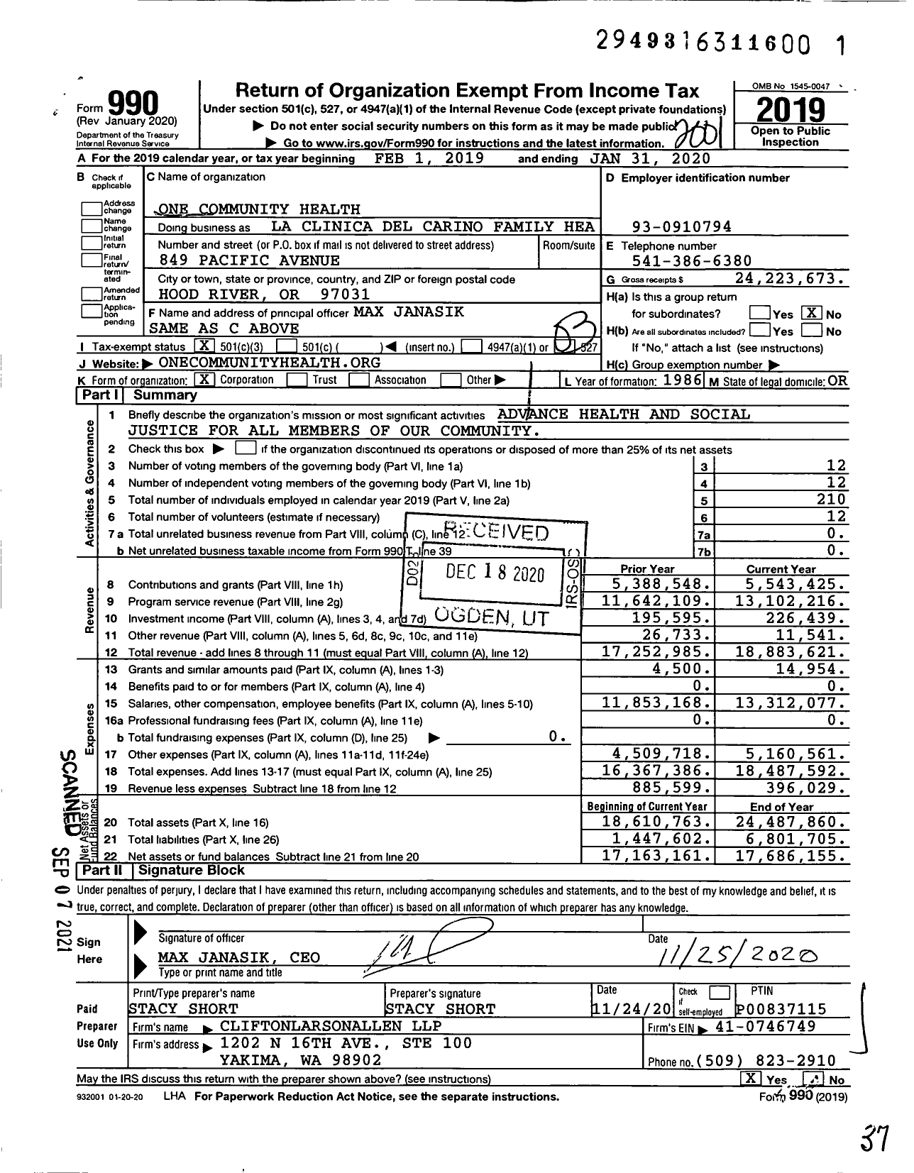 Image of first page of 2019 Form 990 for La Clinica Del Carino Family Health Care Center
