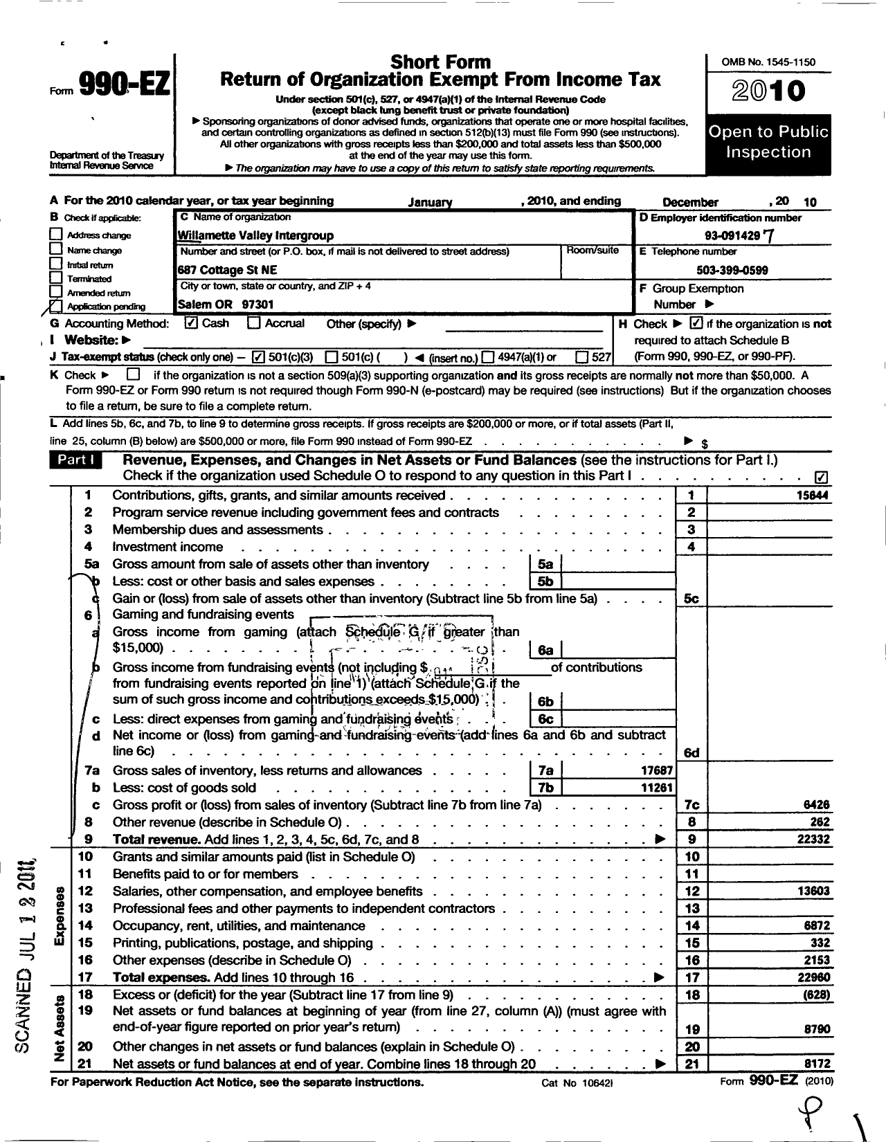 Image of first page of 2010 Form 990EZ for Willamette Valley Intergroup