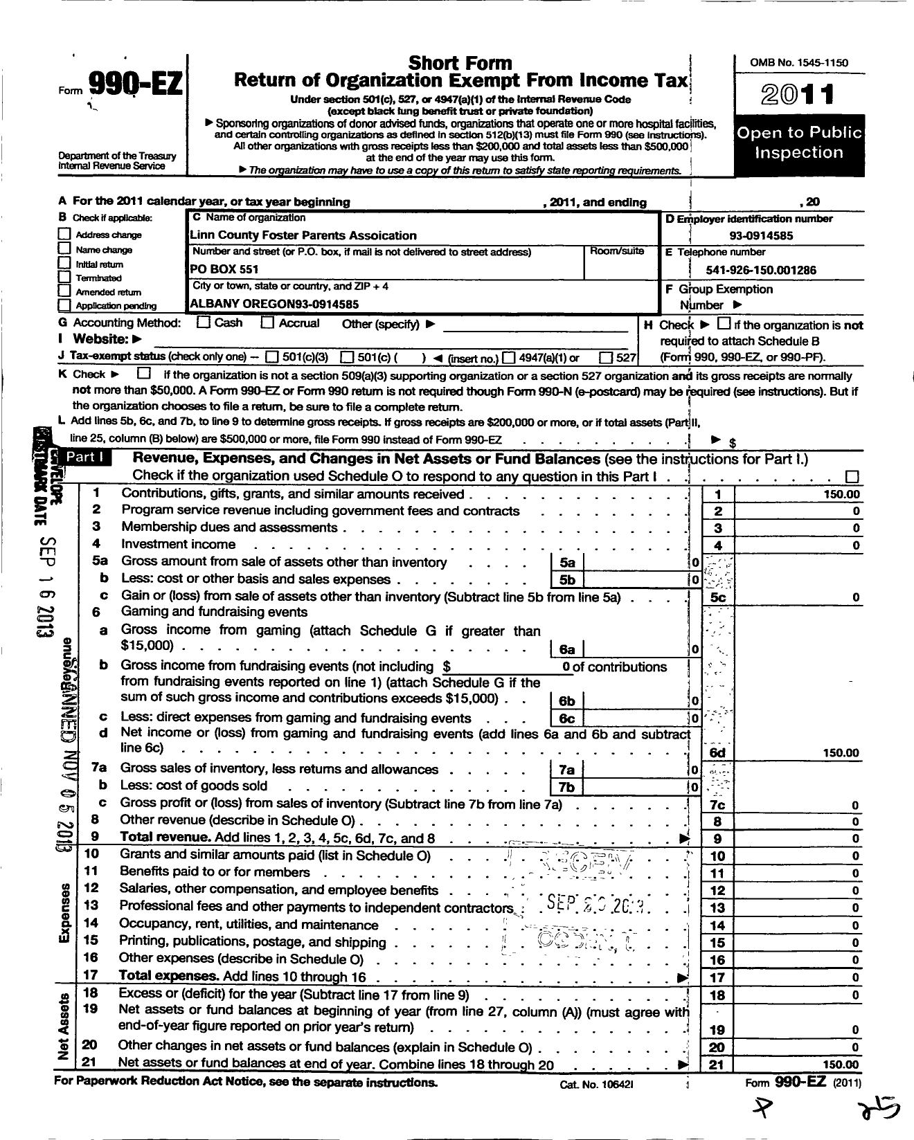 Image of first page of 2011 Form 990EO for Linn County Foster Parents Association