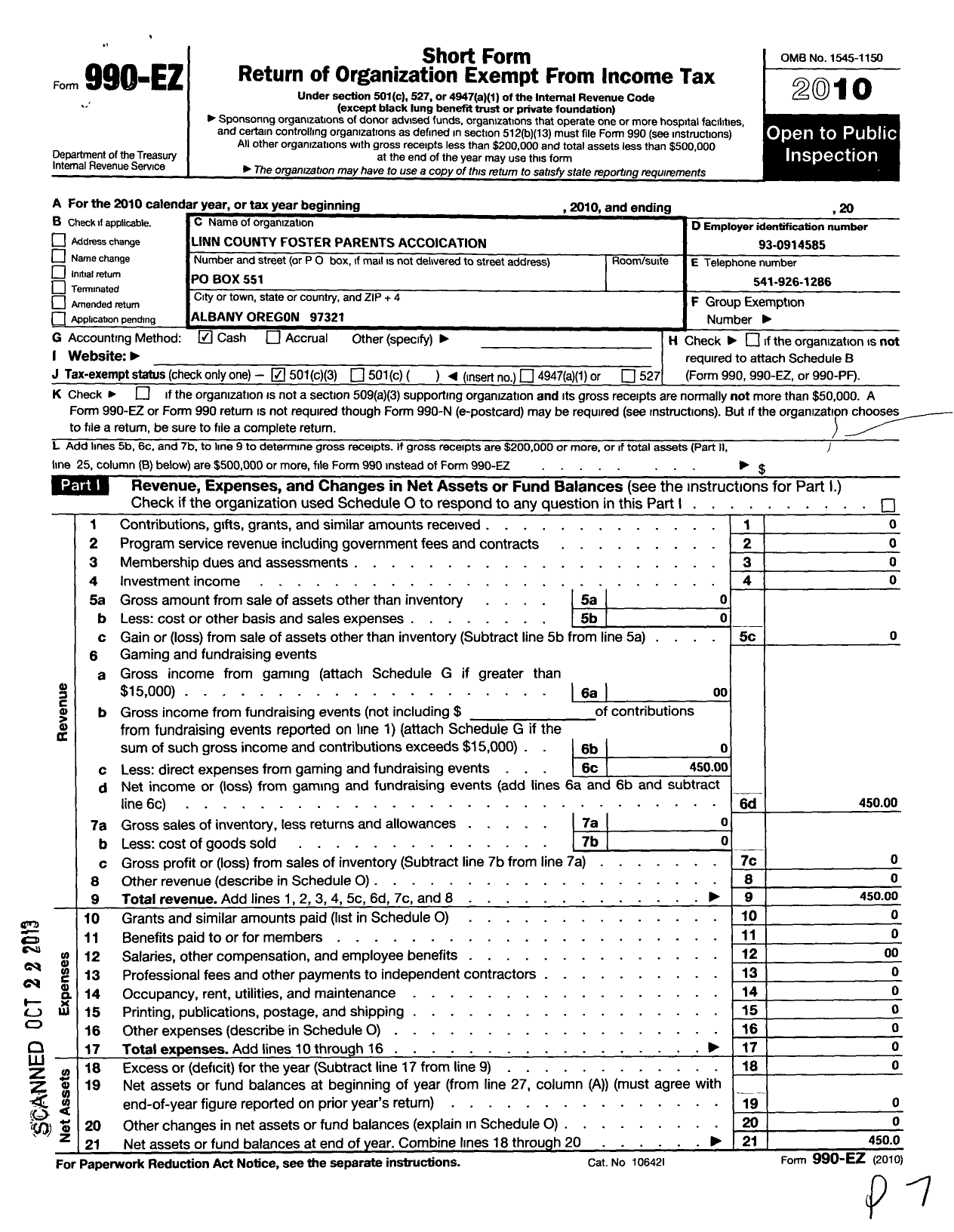 Image of first page of 2010 Form 990EZ for Linn County Foster Parents Association