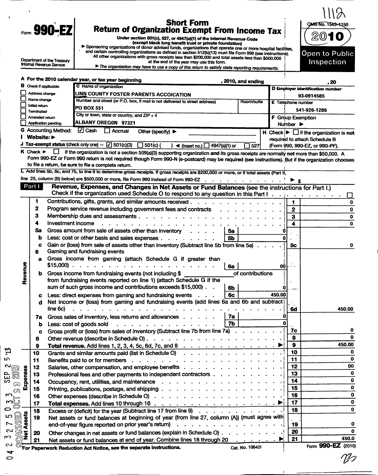 Image of first page of 2011 Form 990EZ for Linn County Foster Parents Association