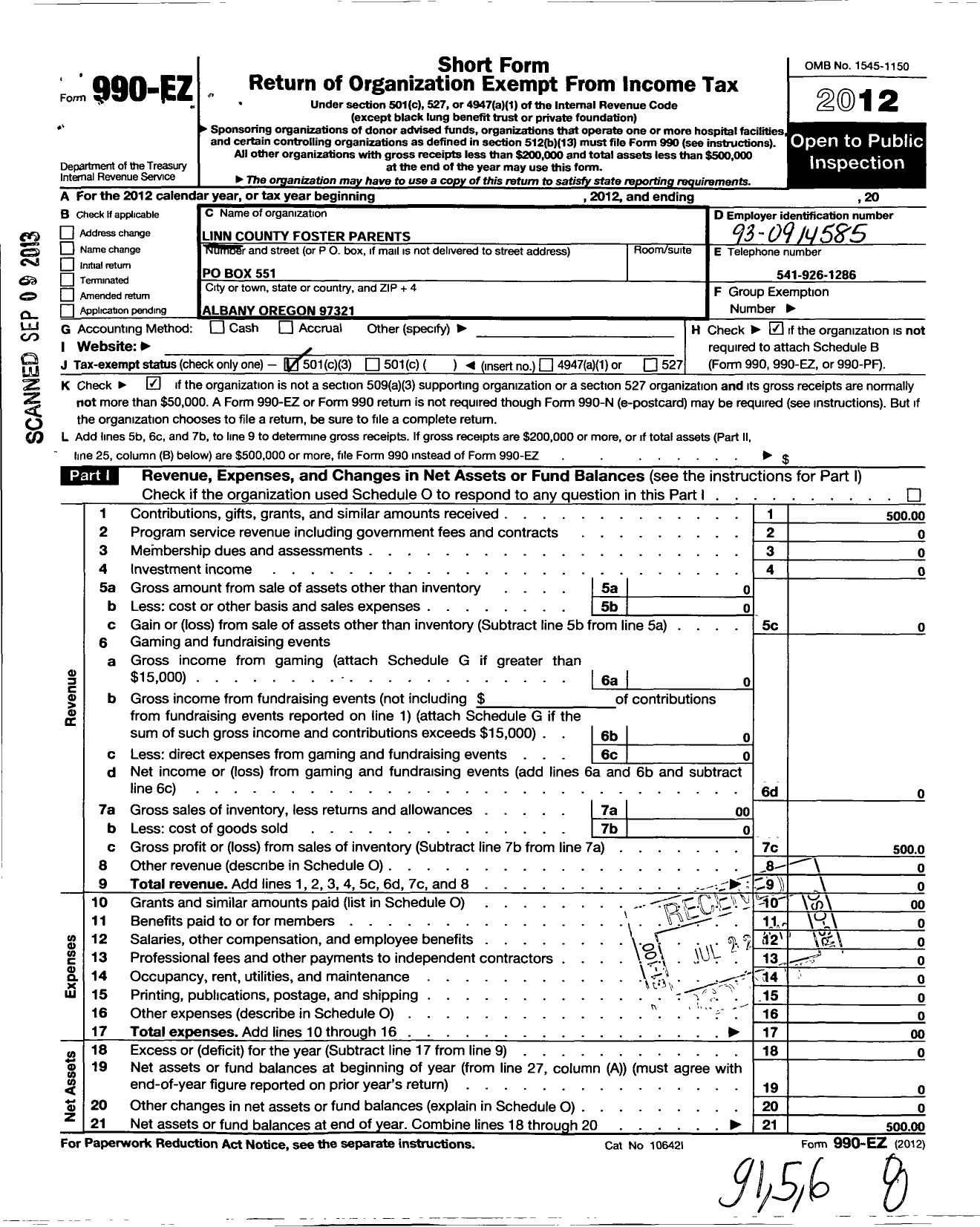 Image of first page of 2012 Form 990EZ for Linn County Foster Parents Association