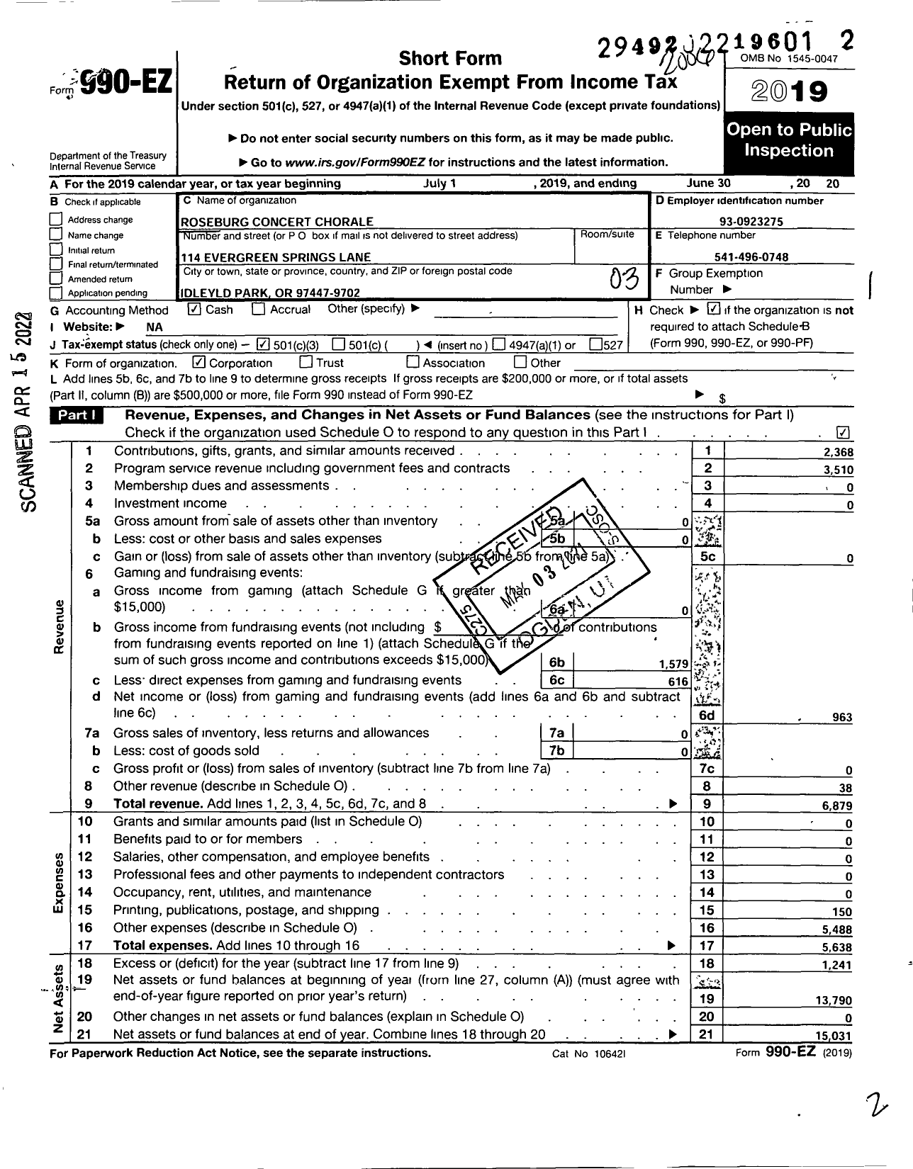 Image of first page of 2019 Form 990EZ for Roseburg Concert Chorale