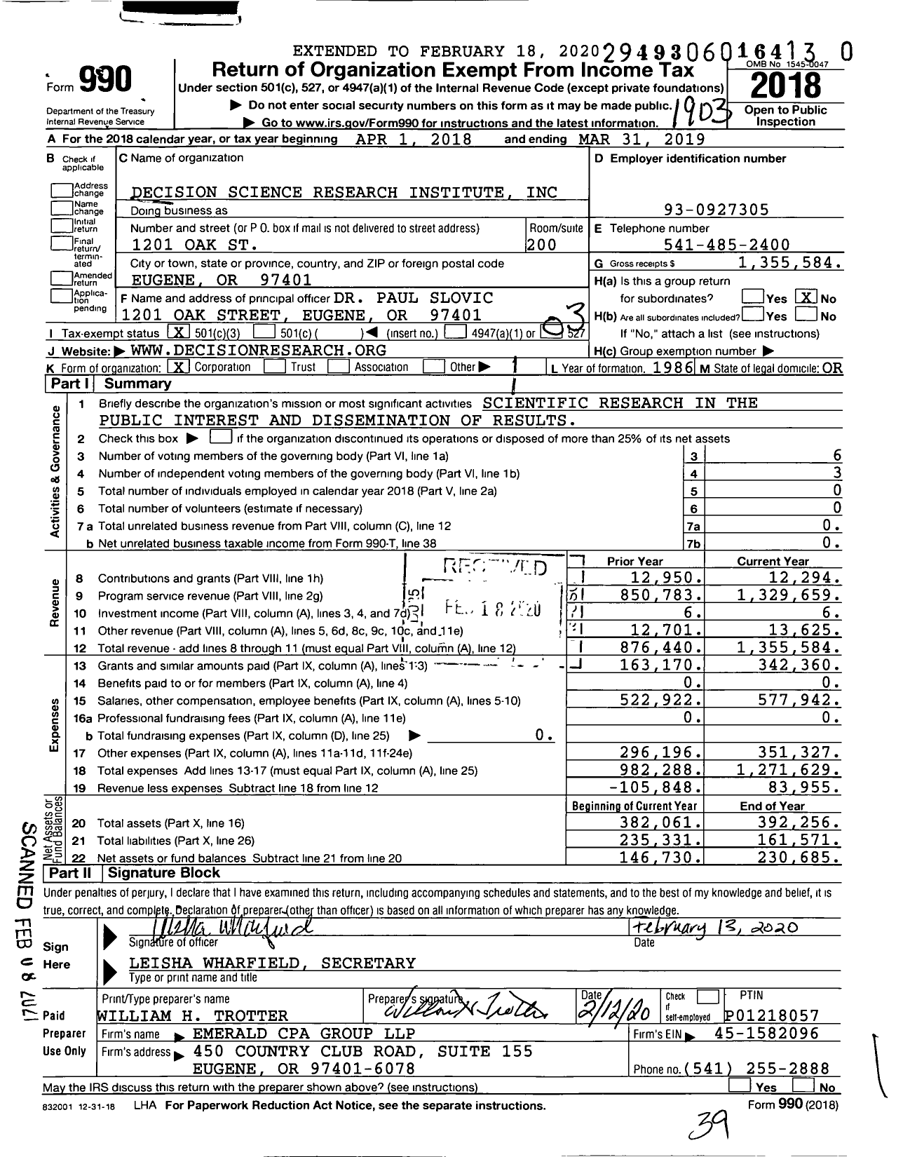 Image of first page of 2018 Form 990 for Decision Science Research Institute