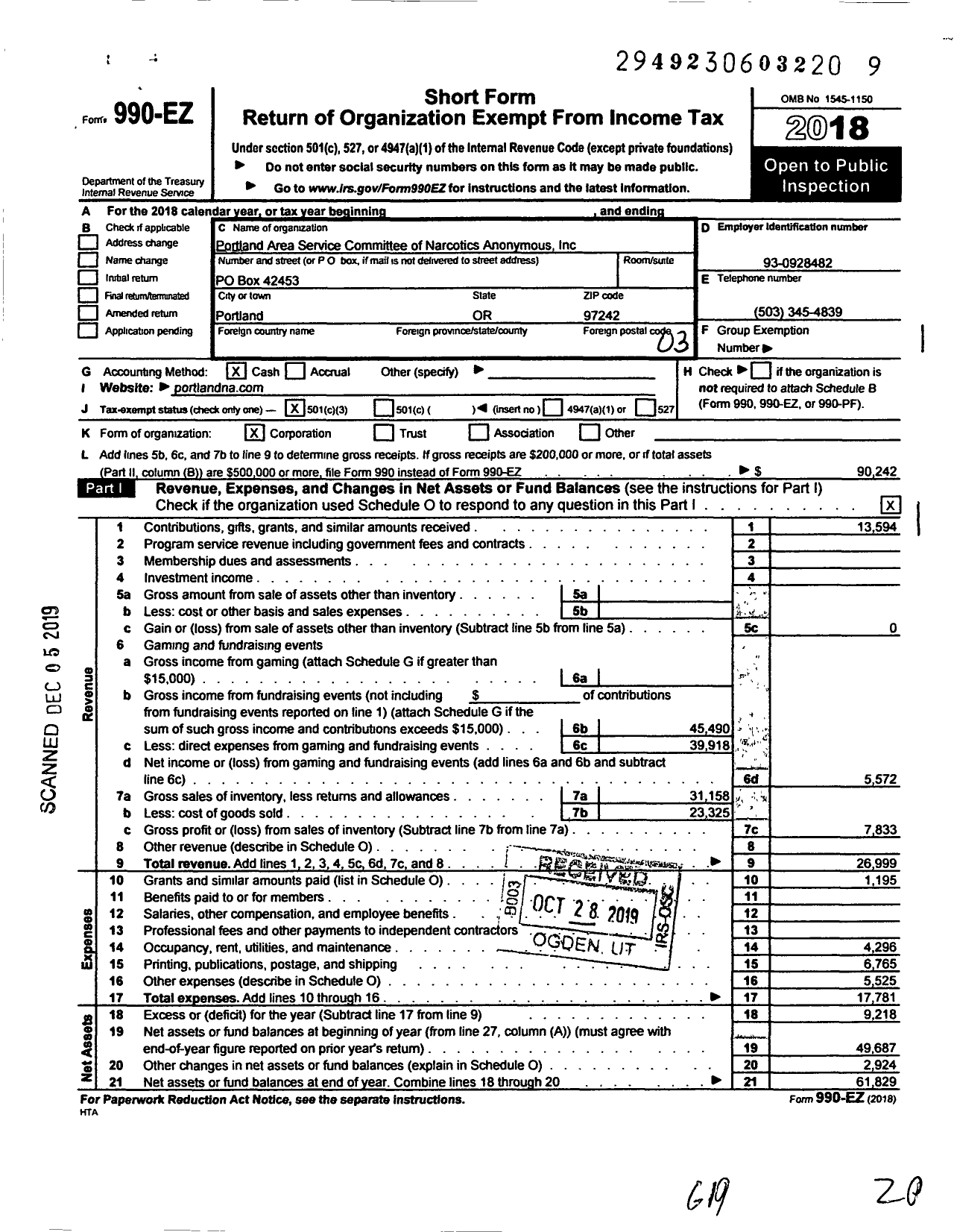 Image of first page of 2018 Form 990EZ for Portland Area Service Committee of Narcotics Anonymous