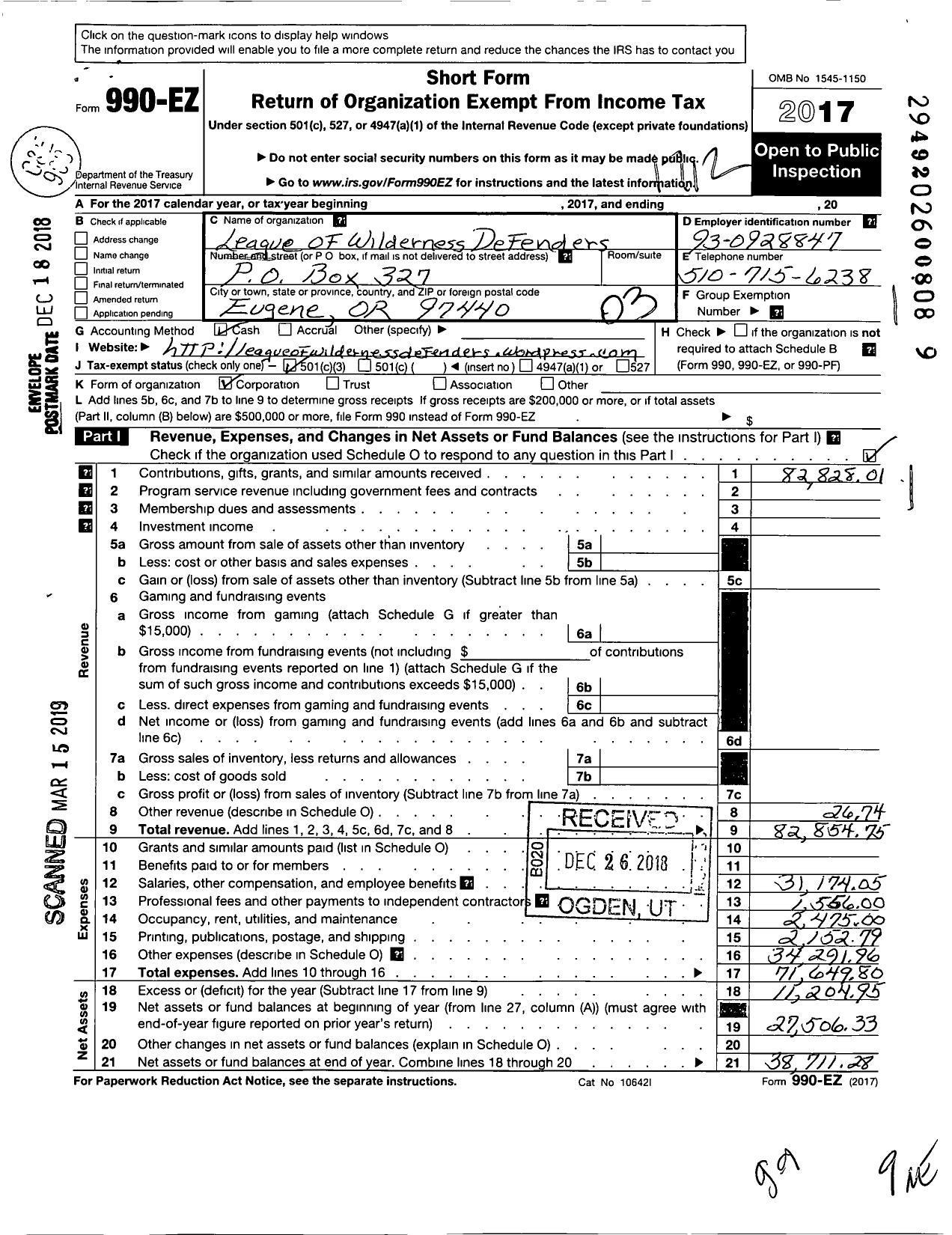 Image of first page of 2017 Form 990EZ for League of Wilderness Defenders