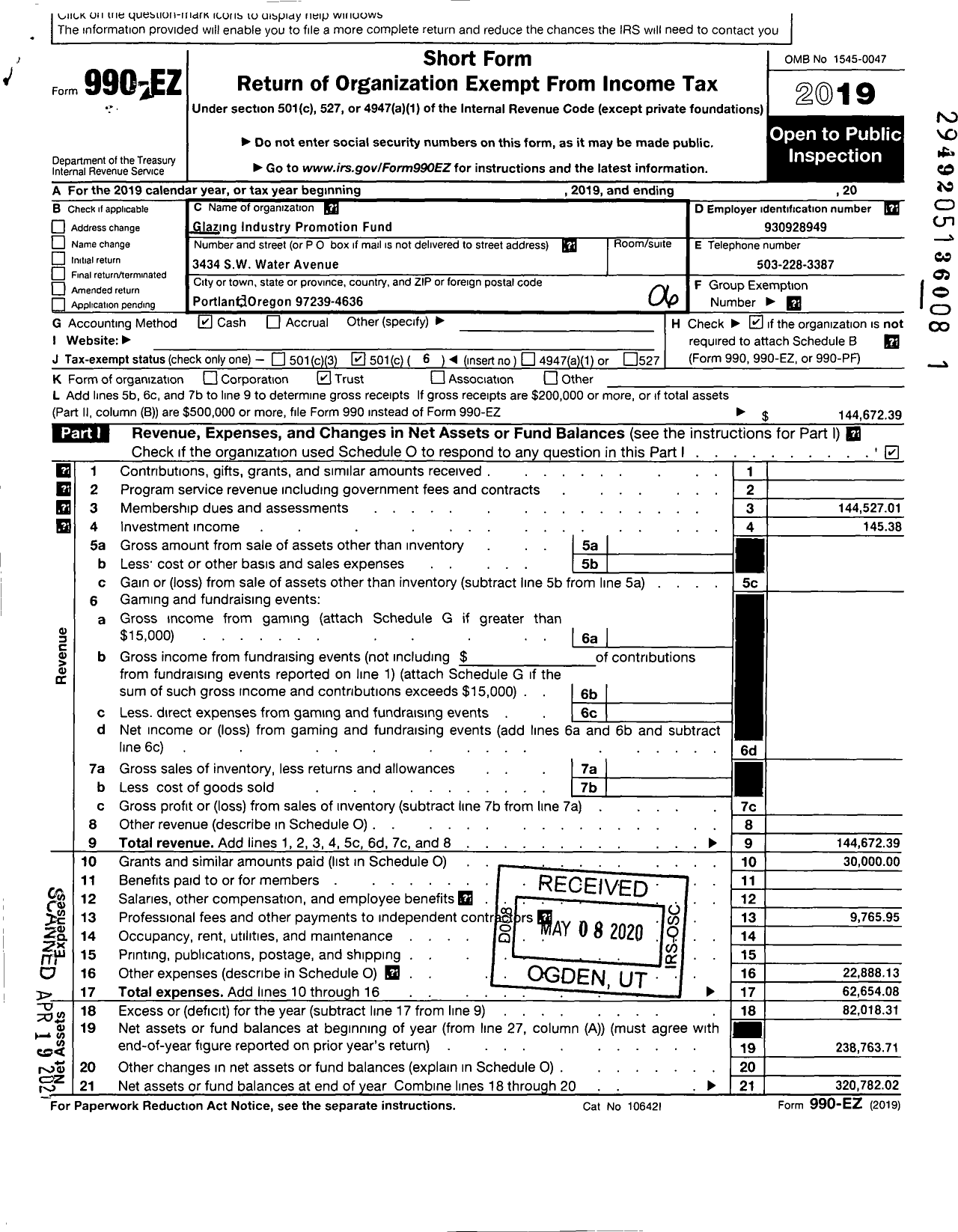 Image of first page of 2019 Form 990EO for Glazing Industry Promotion Fund