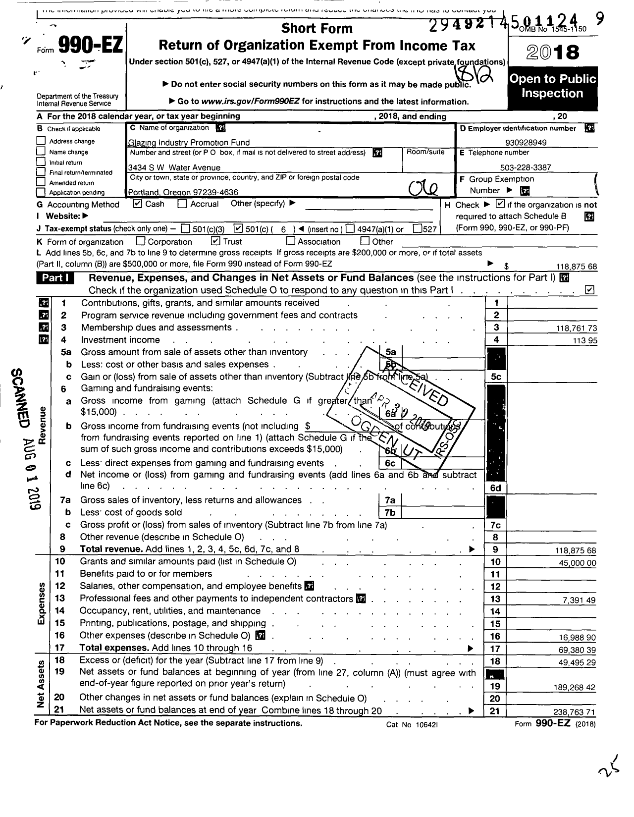 Image of first page of 2018 Form 990EO for Glazing Industry Promotion Fund